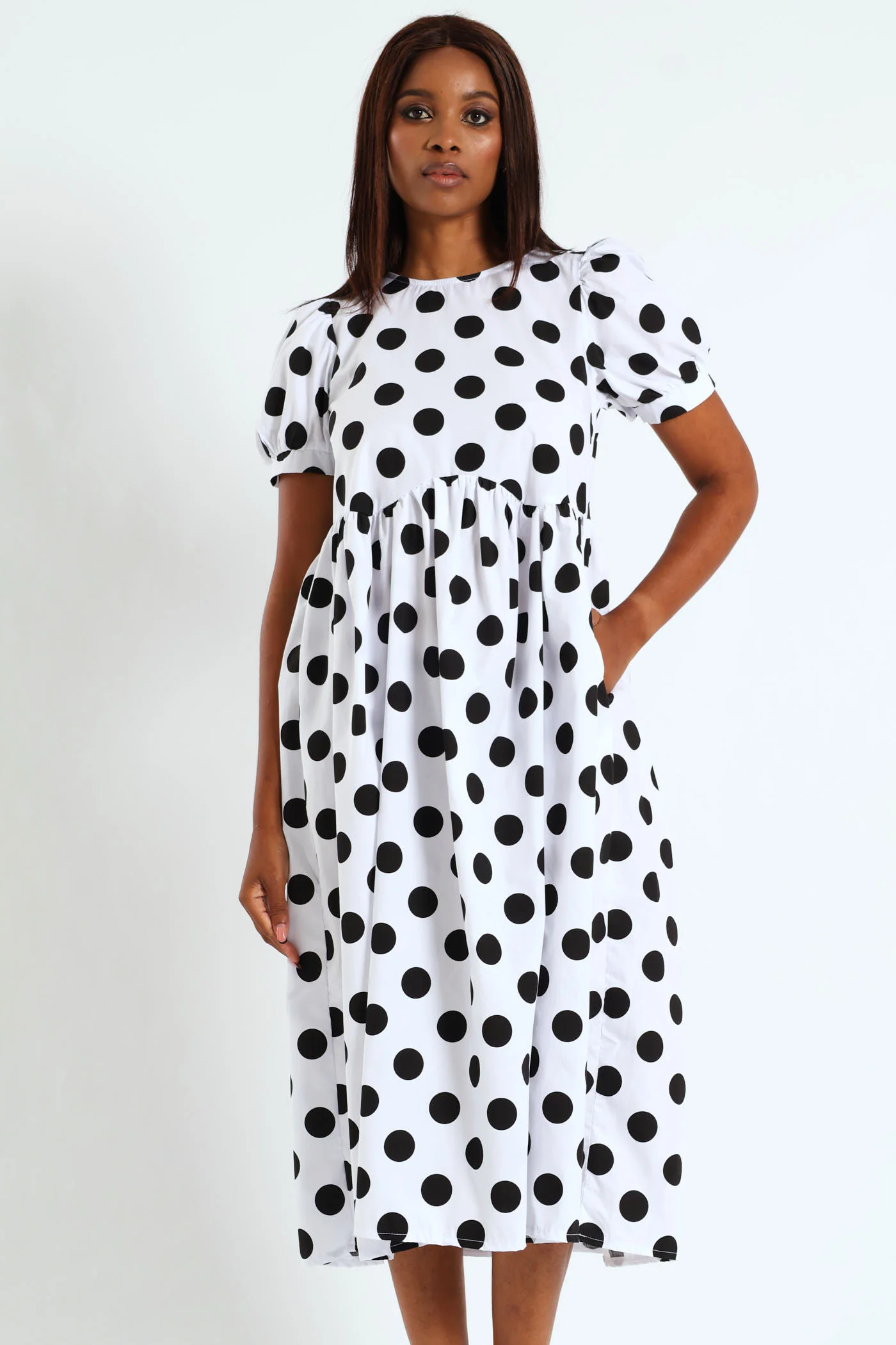 Puff Sleeve Polka Dot Poplin Midaxi Dress - White/Black - Image 2