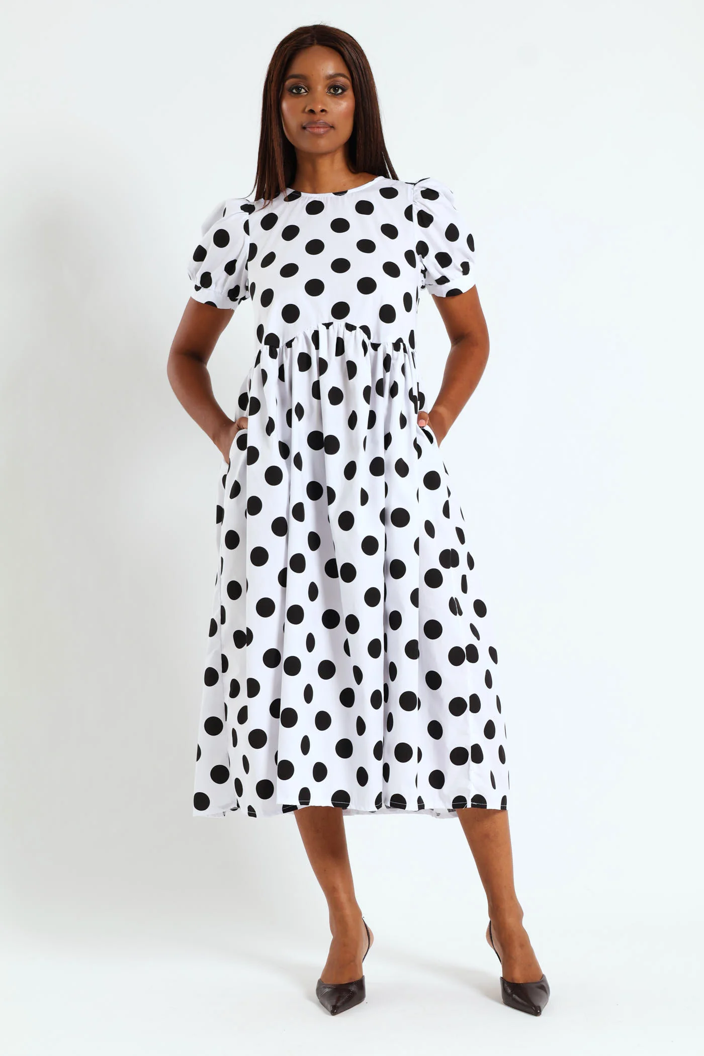 Puff Sleeve Polka Dot Poplin Midaxi Dress - White/Black - Image 3
