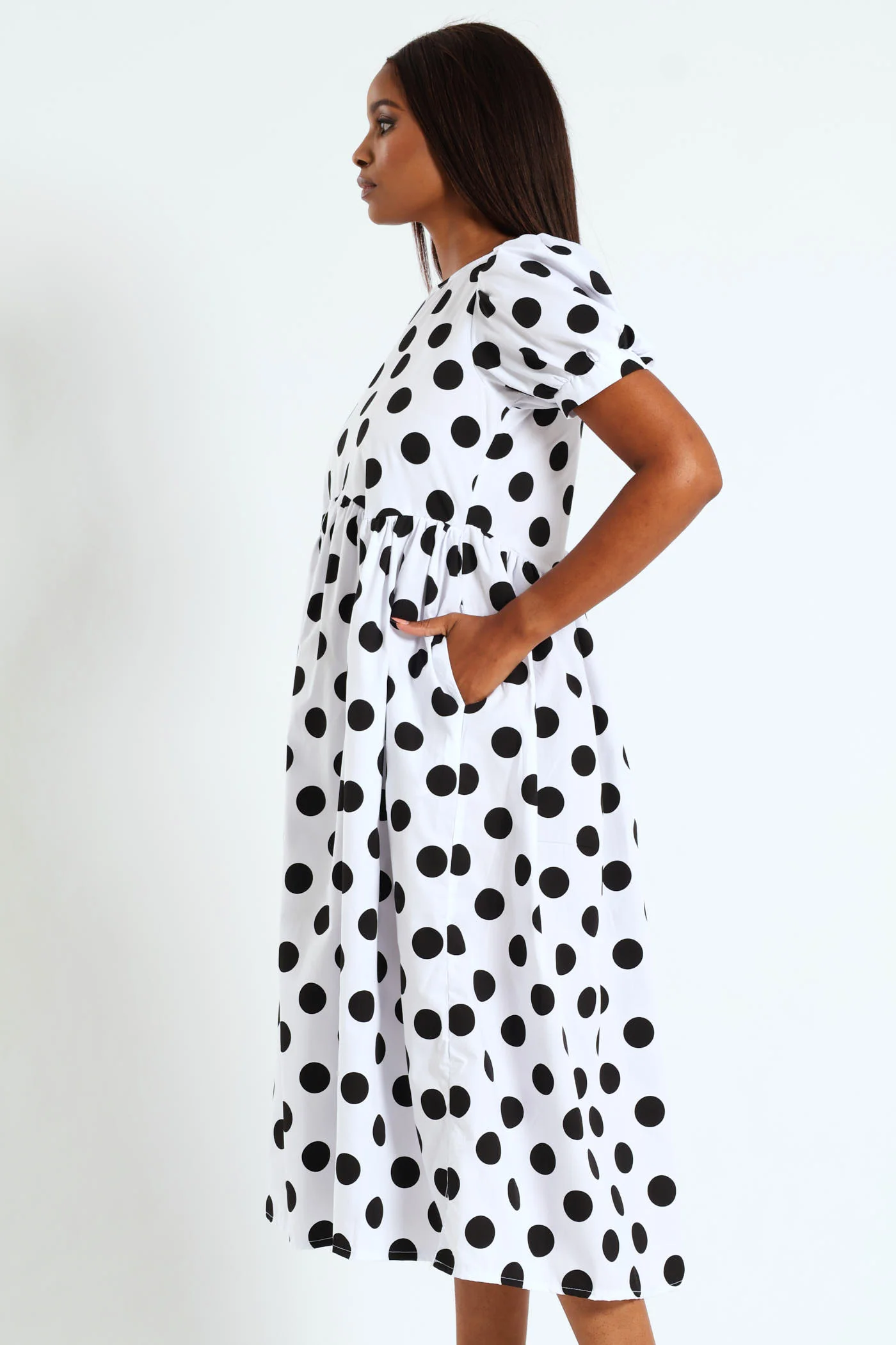 Puff Sleeve Polka Dot Poplin Midaxi Dress - White/Black - Image 4