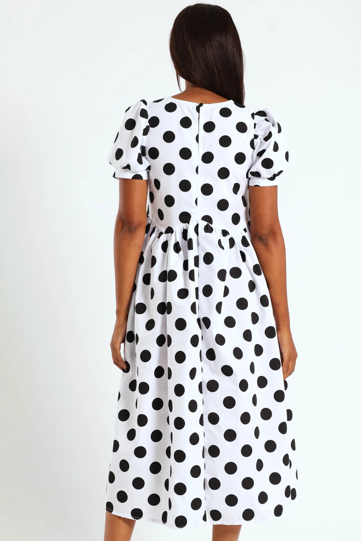 Puff Sleeve Polka Dot Poplin Midaxi Dress - White/Black - Image 5