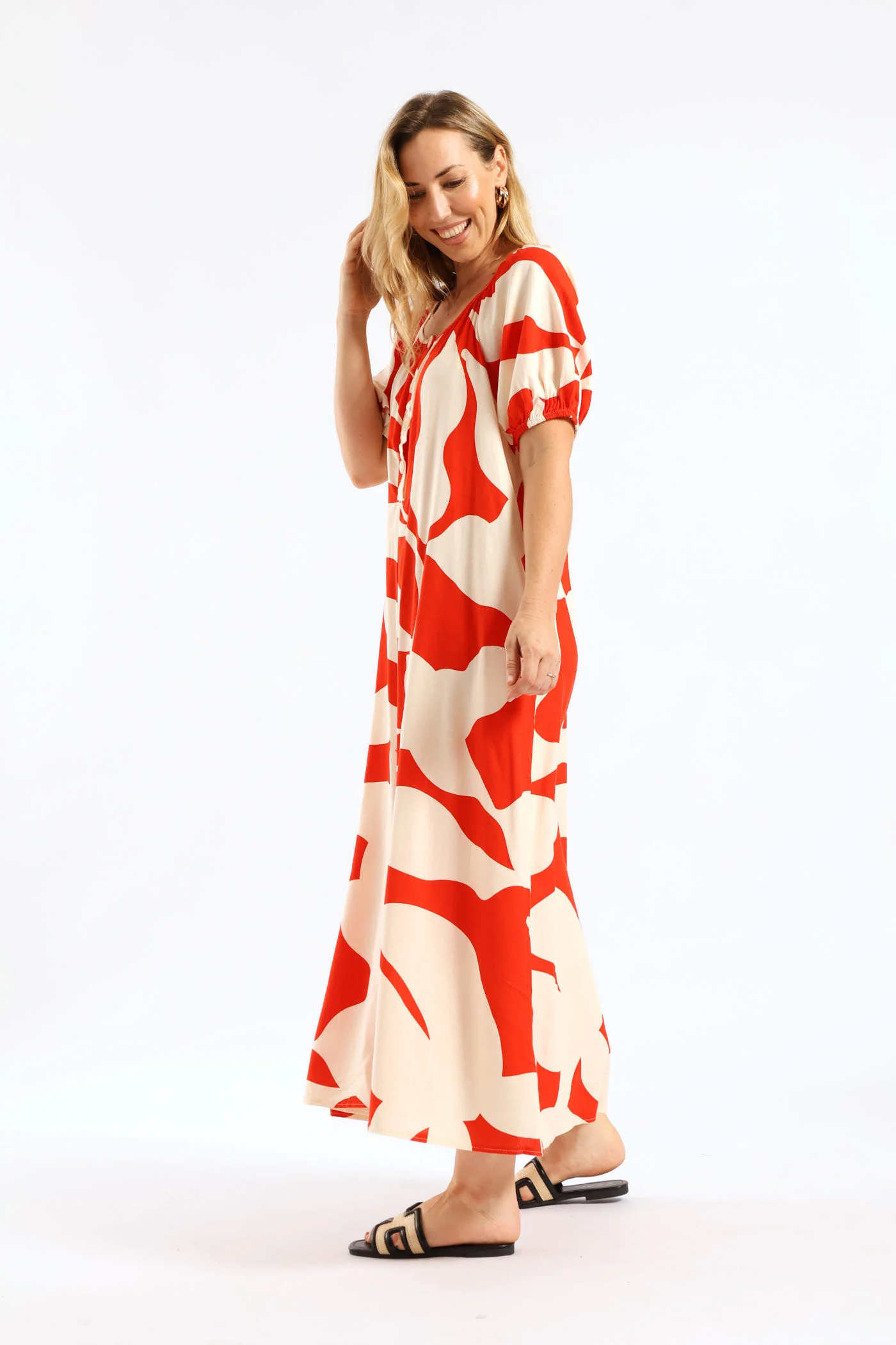 Puff Sleeve Scoop Neck Button Through Linen Midaxi Dress - White/Red - Image 3