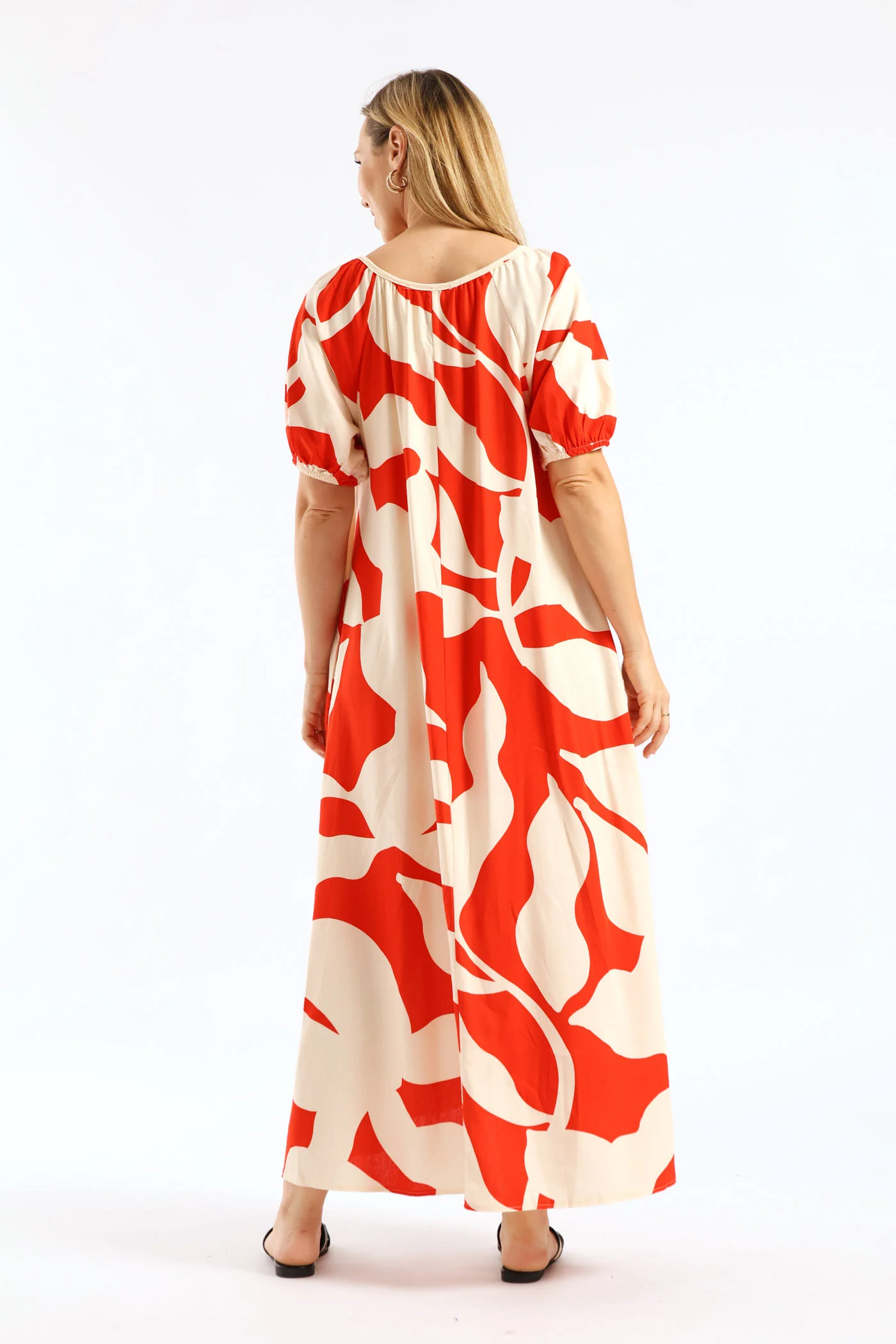 Puff Sleeve Scoop Neck Button Through Linen Midaxi Dress - White/Red - Image 4