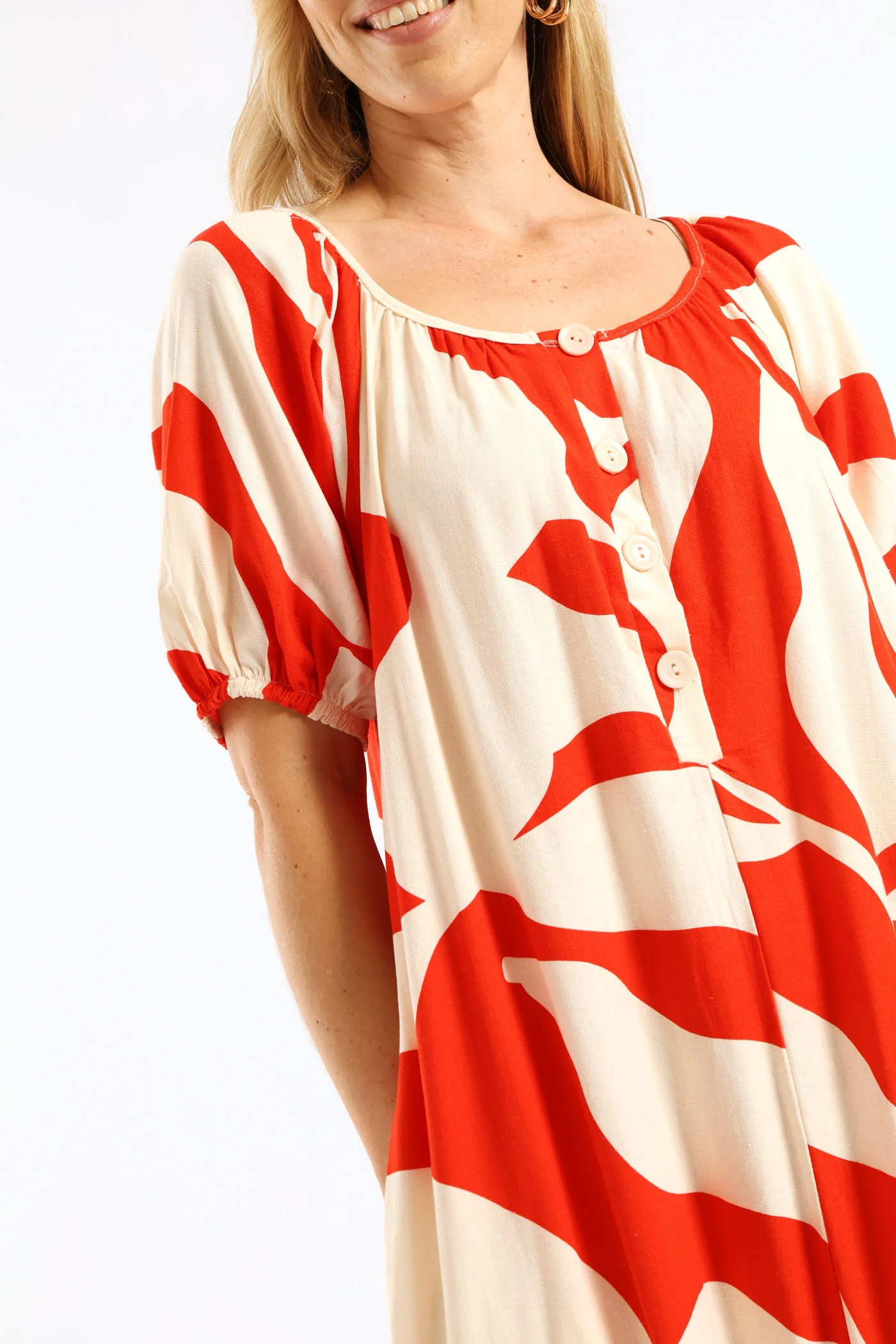 Puff Sleeve Scoop Neck Button Through Linen Midaxi Dress - White/Red - Image 5