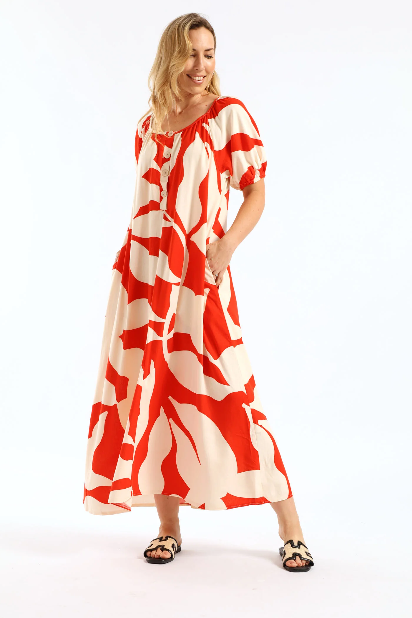 Puff Sleeve Scoop Neck Button Through Linen Midaxi Dress - White/Red - Image 6