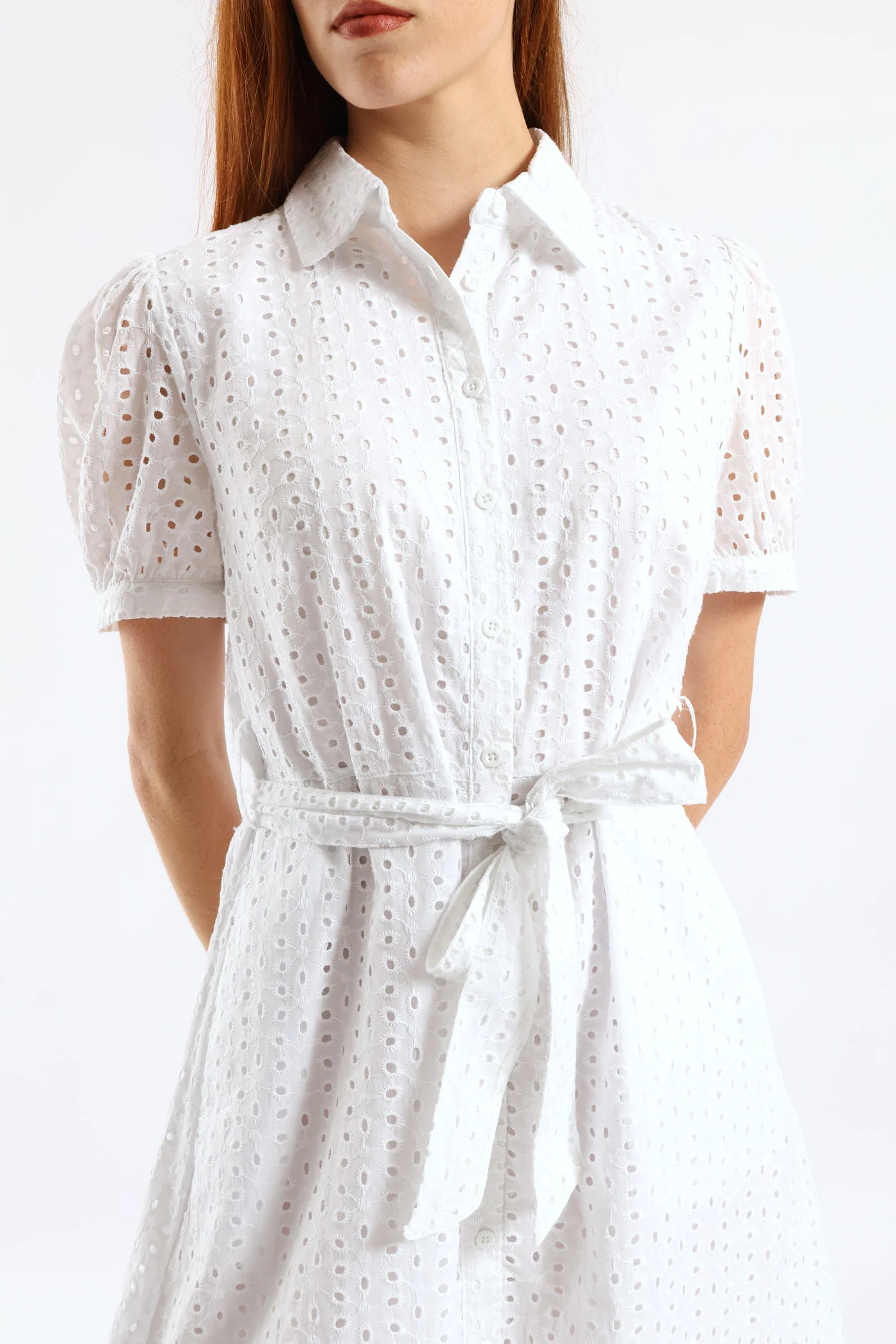 Puff Sleeve Self Belt Anglaise Shirt Midi Dress - White - Image 2