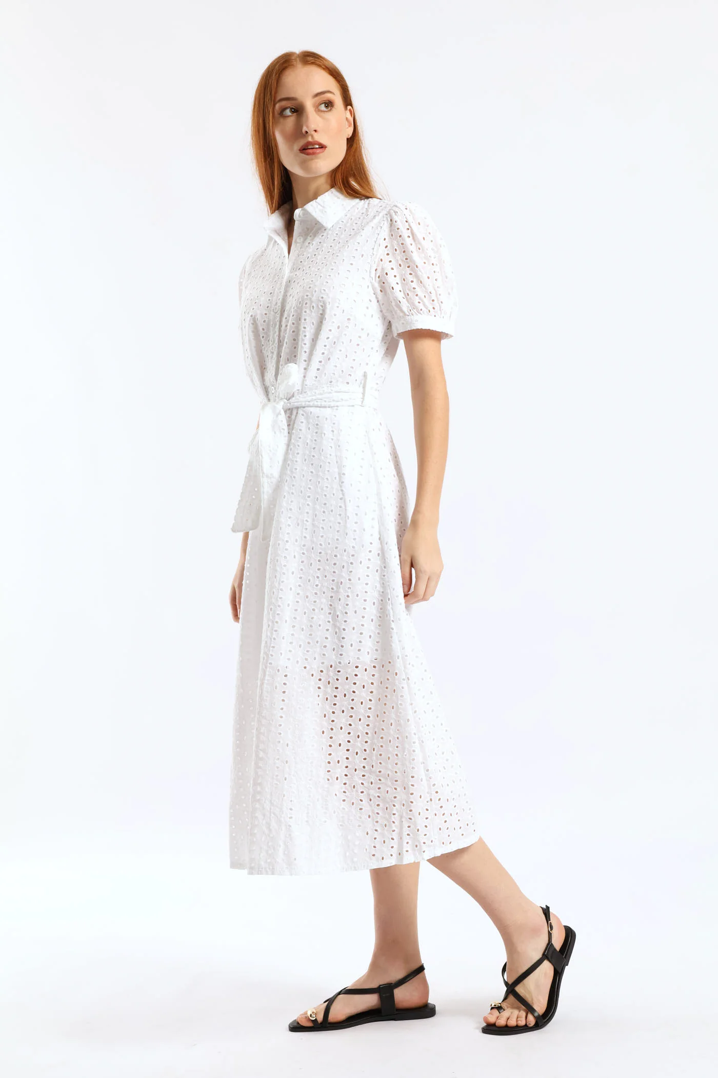 Puff Sleeve Self Belt Anglaise Shirt Midi Dress - White - Image 3