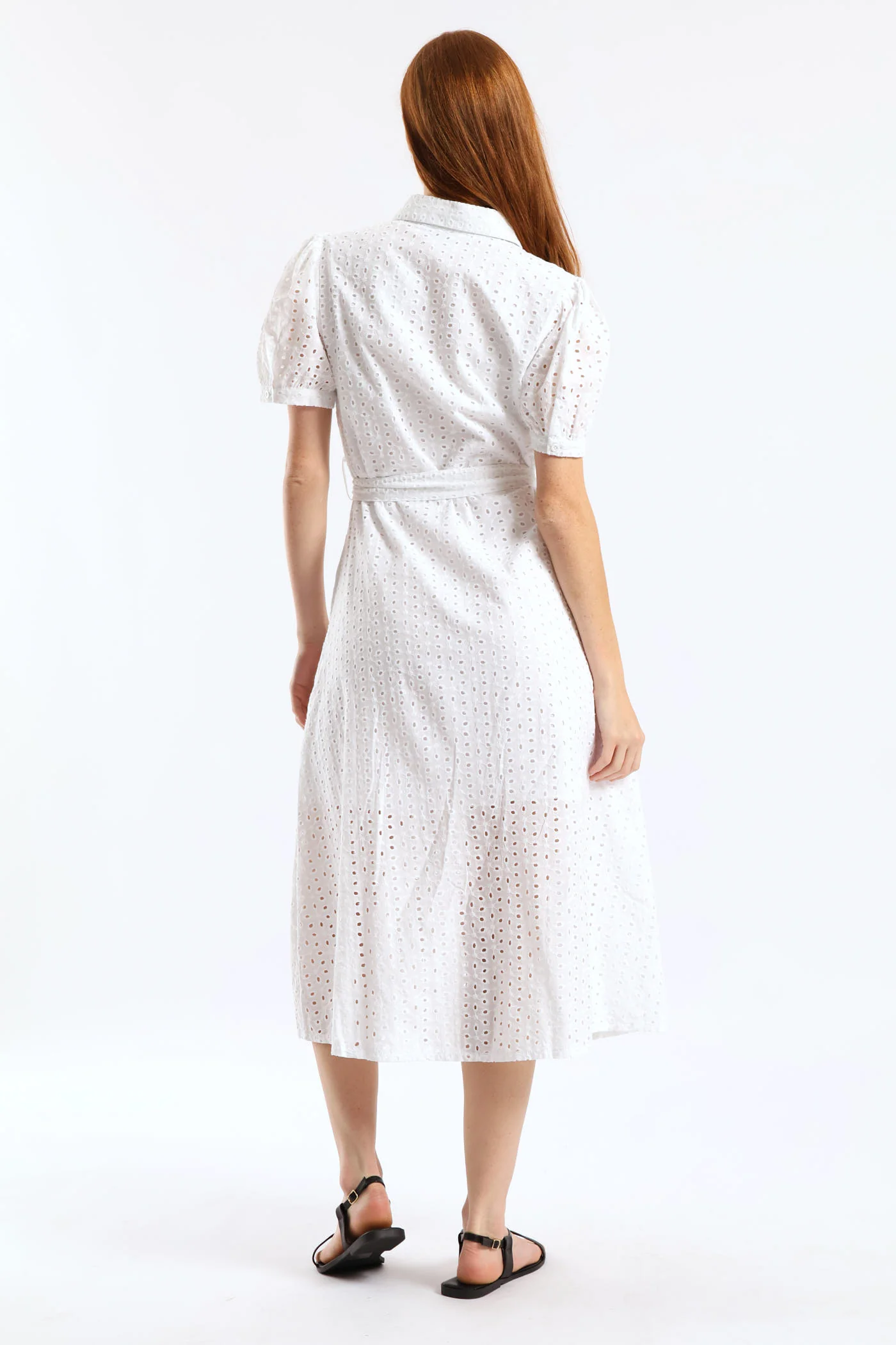 Puff Sleeve Self Belt Anglaise Shirt Midi Dress - White - Image 4