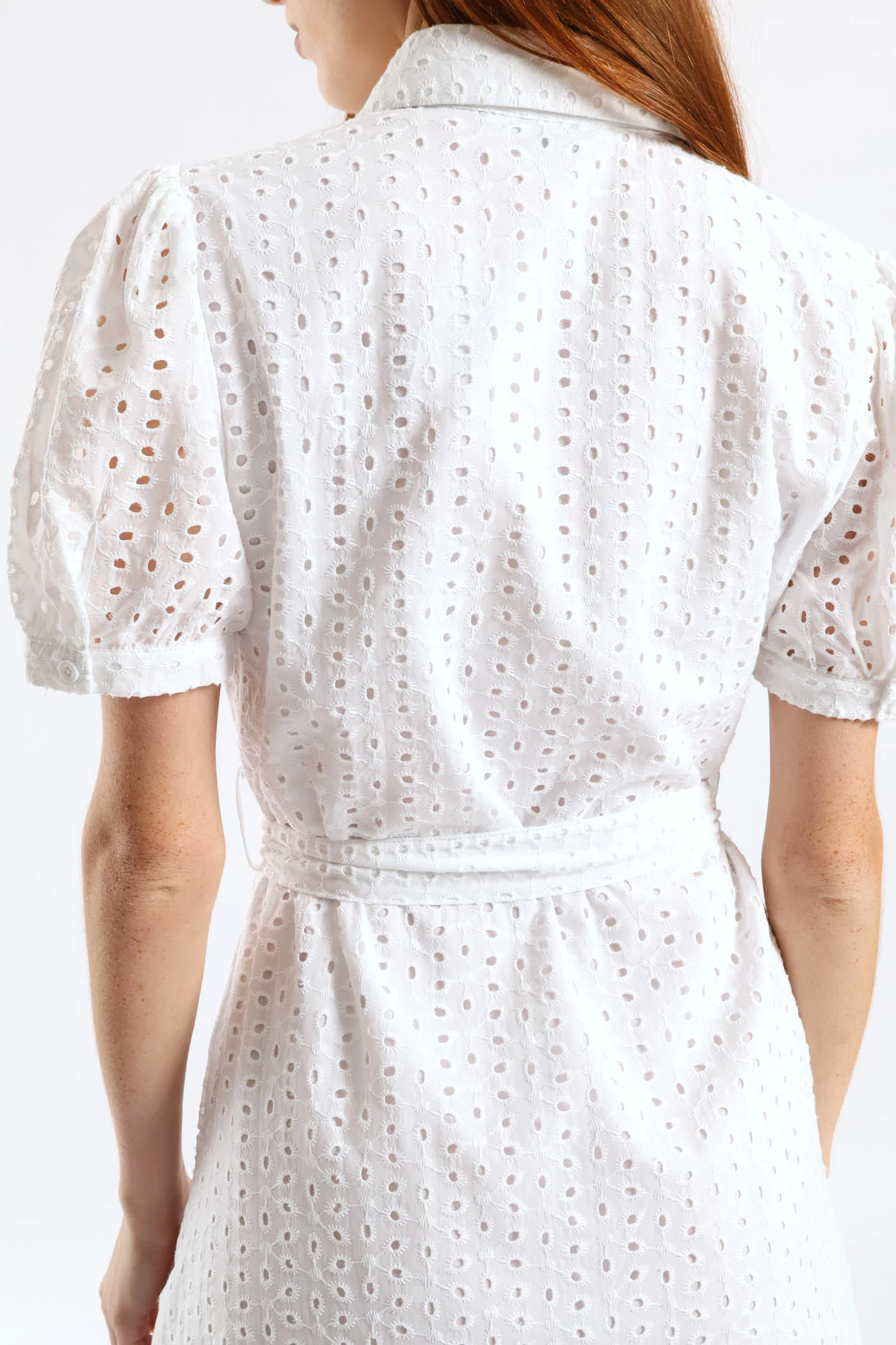Puff Sleeve Self Belt Anglaise Shirt Midi Dress - White - Image 5