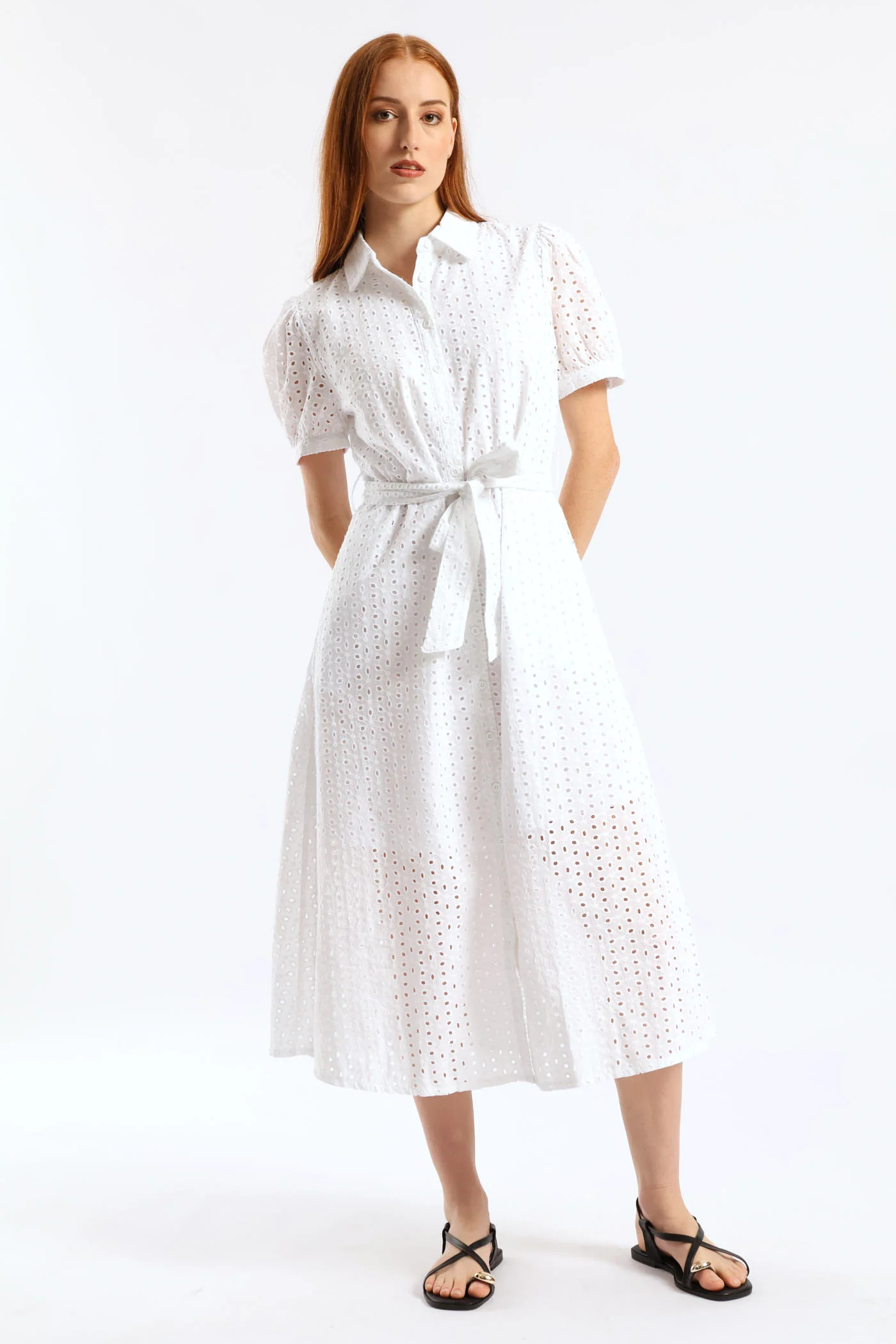 Puff Sleeve Self Belt Anglaise Shirt Midi Dress - White - Image 6