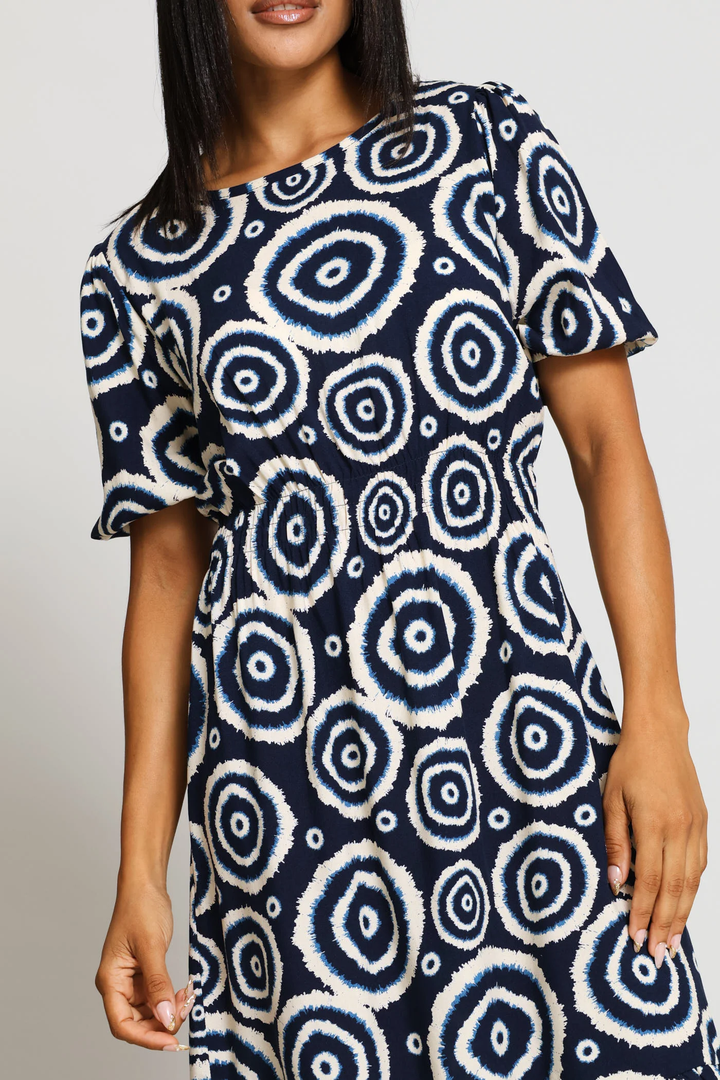 Puff Sleeve Shirred Waist Frill Hem Mini Dress - Navy - Image 2