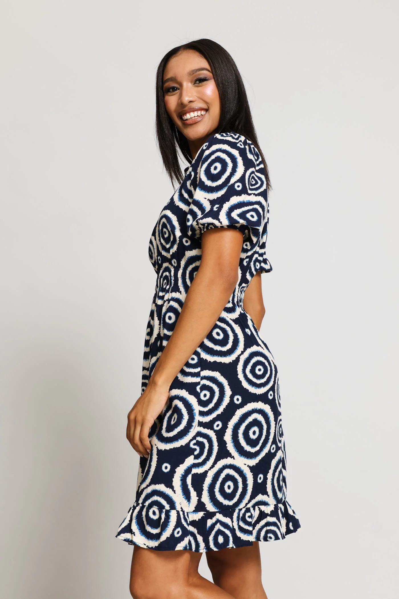 Puff Sleeve Shirred Waist Frill Hem Mini Dress - Navy - Image 3