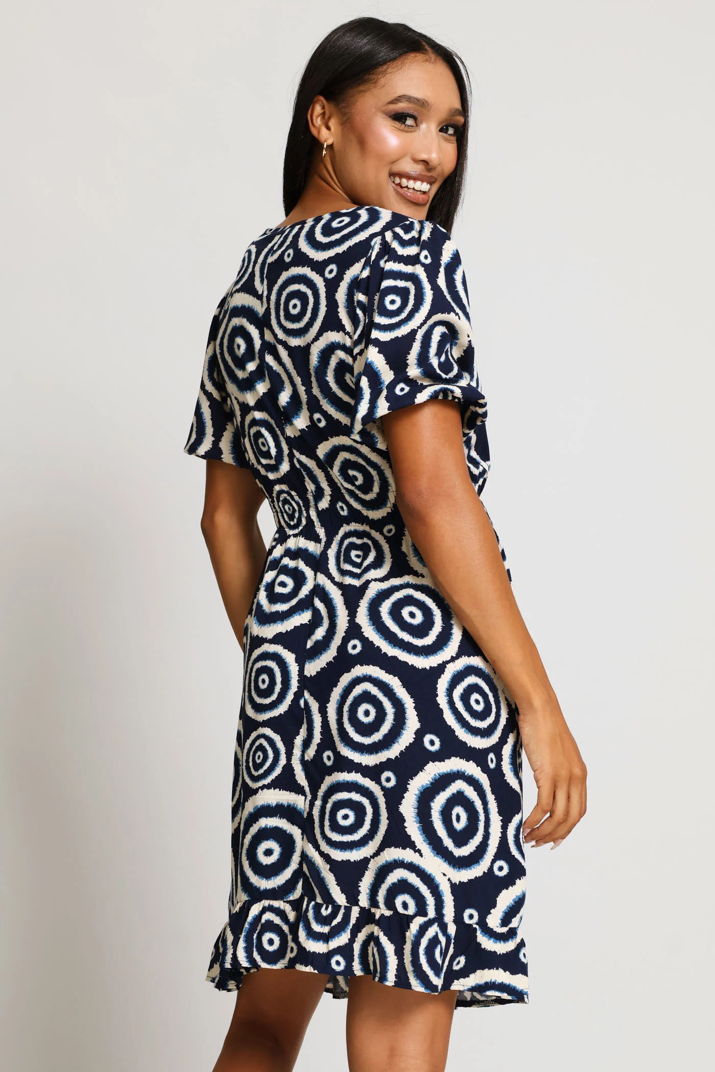 Puff Sleeve Shirred Waist Frill Hem Mini Dress - Navy - Image 4