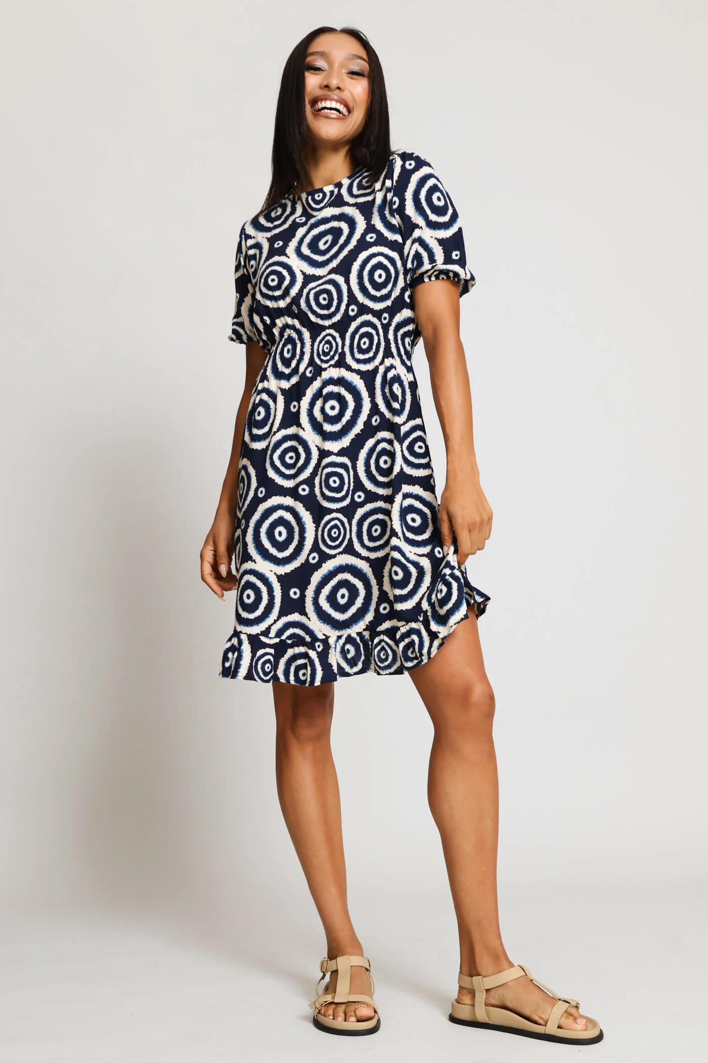 Puff Sleeve Shirred Waist Frill Hem Mini Dress - Navy - Image 5