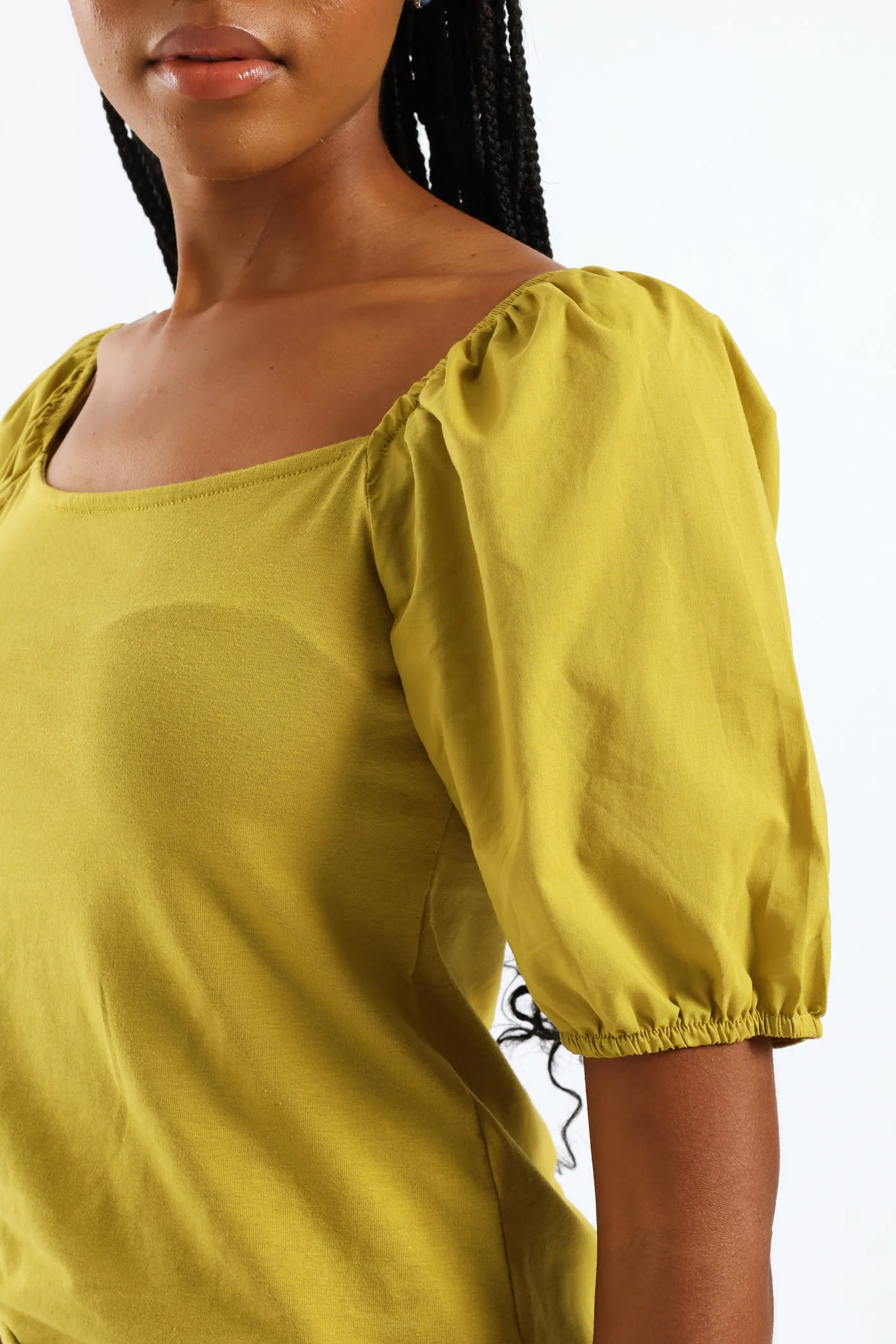 Puff Sleeve Square Neck Combo Fitted Tee - Chartreuse - Image 2