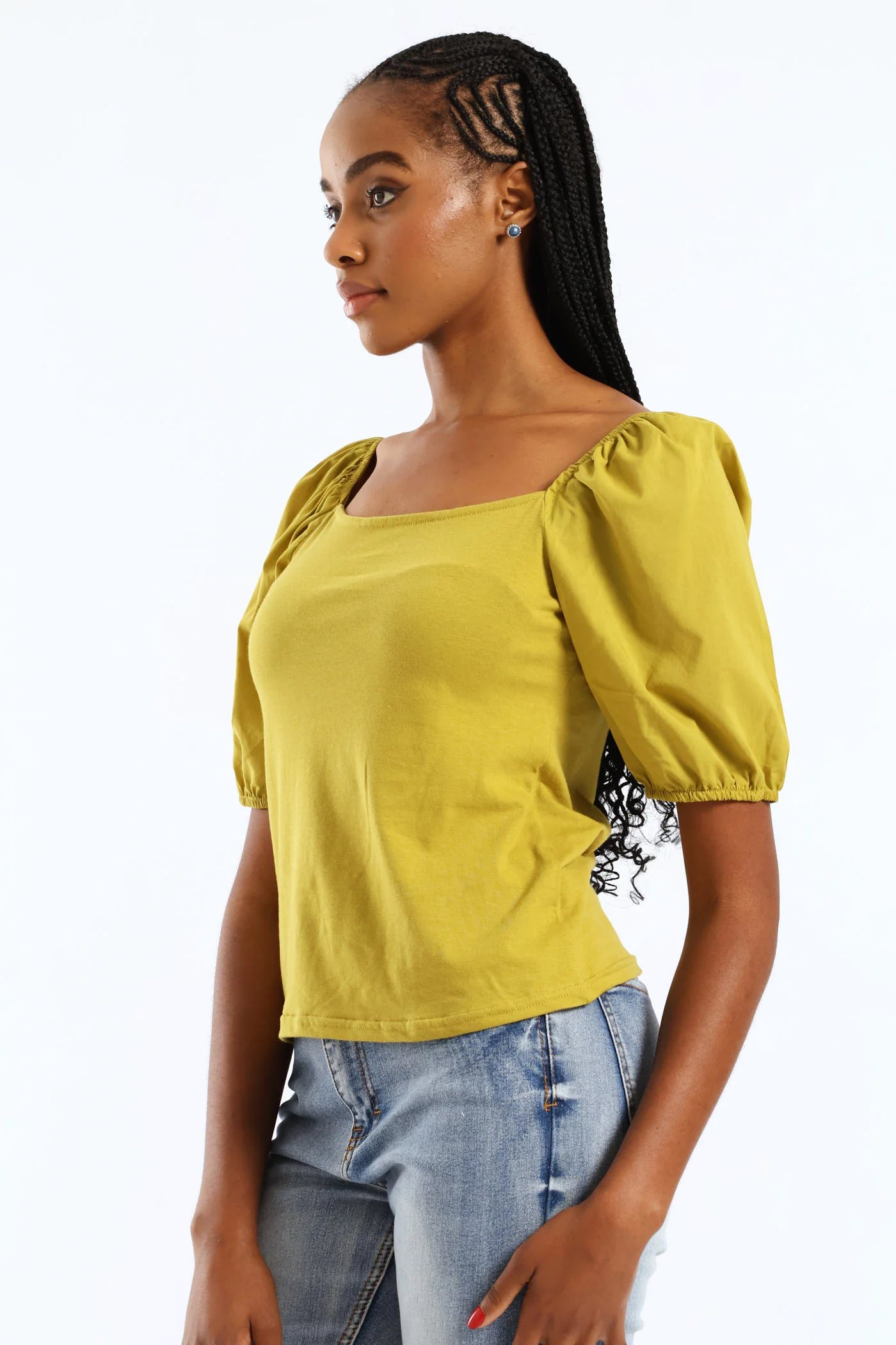 Puff Sleeve Square Neck Combo Fitted Tee - Chartreuse - Image 3