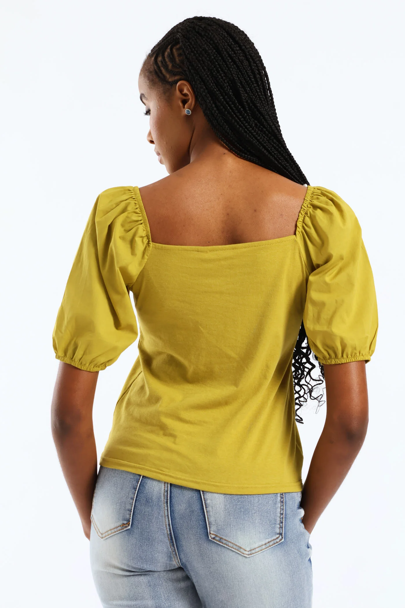Puff Sleeve Square Neck Combo Fitted Tee - Chartreuse - Image 4