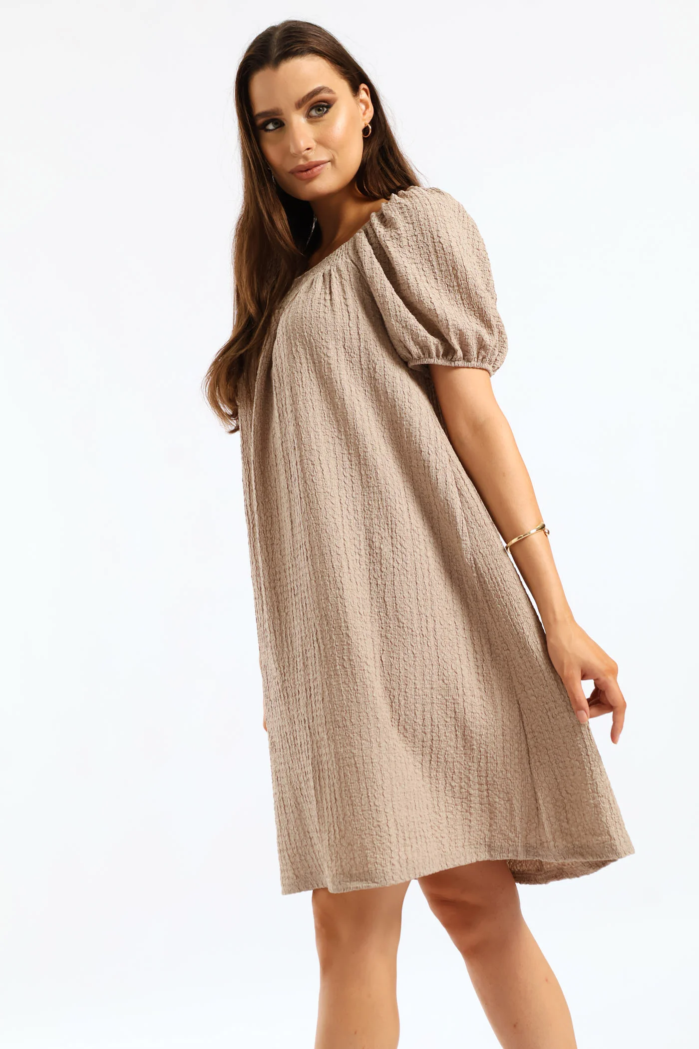 Puff Sleeve Textured Flare Mini Dress - Cement - Image 2