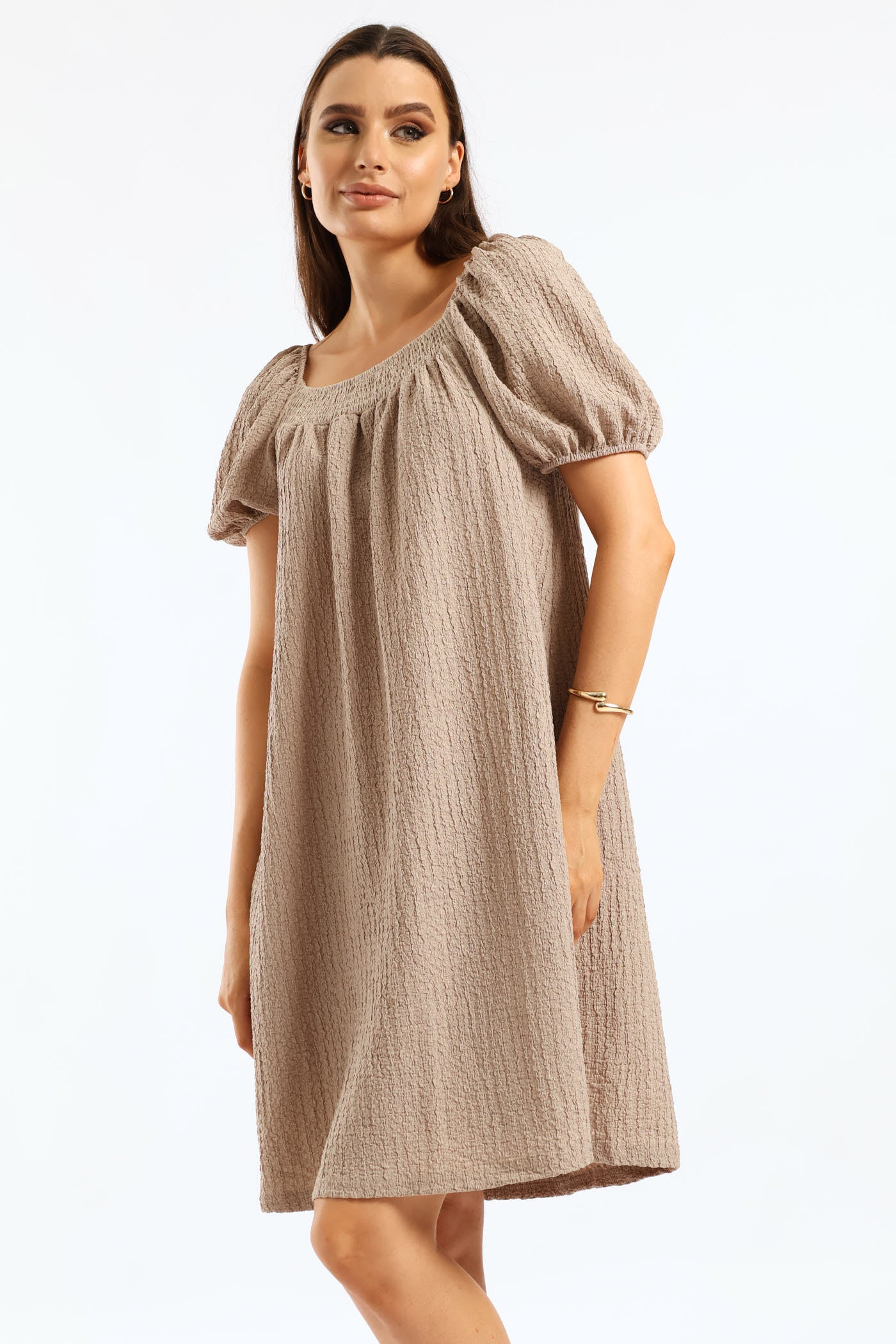 Puff Sleeve Textured Flare Mini Dress - Cement - Image 3