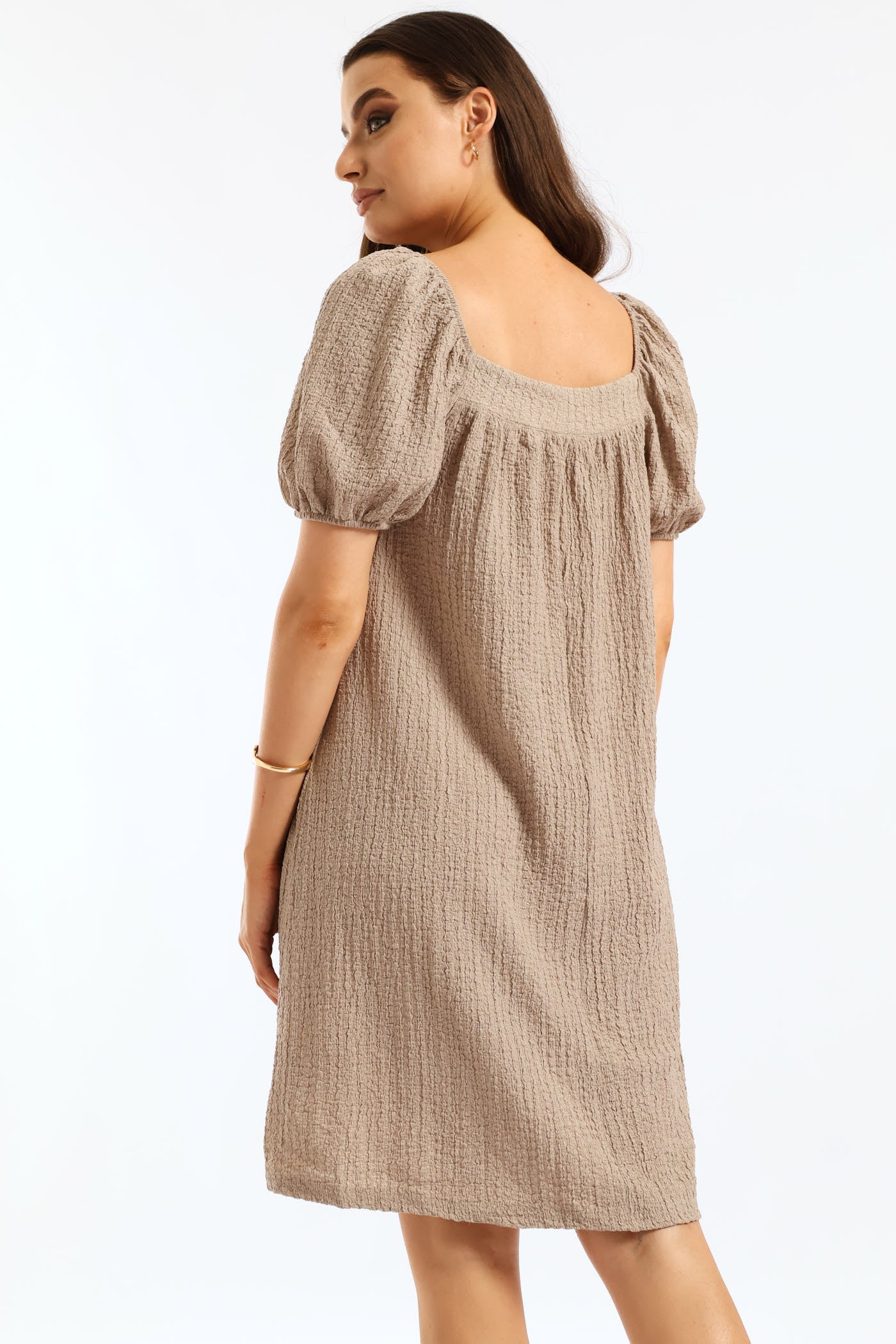 Puff Sleeve Textured Flare Mini Dress - Cement - Image 4