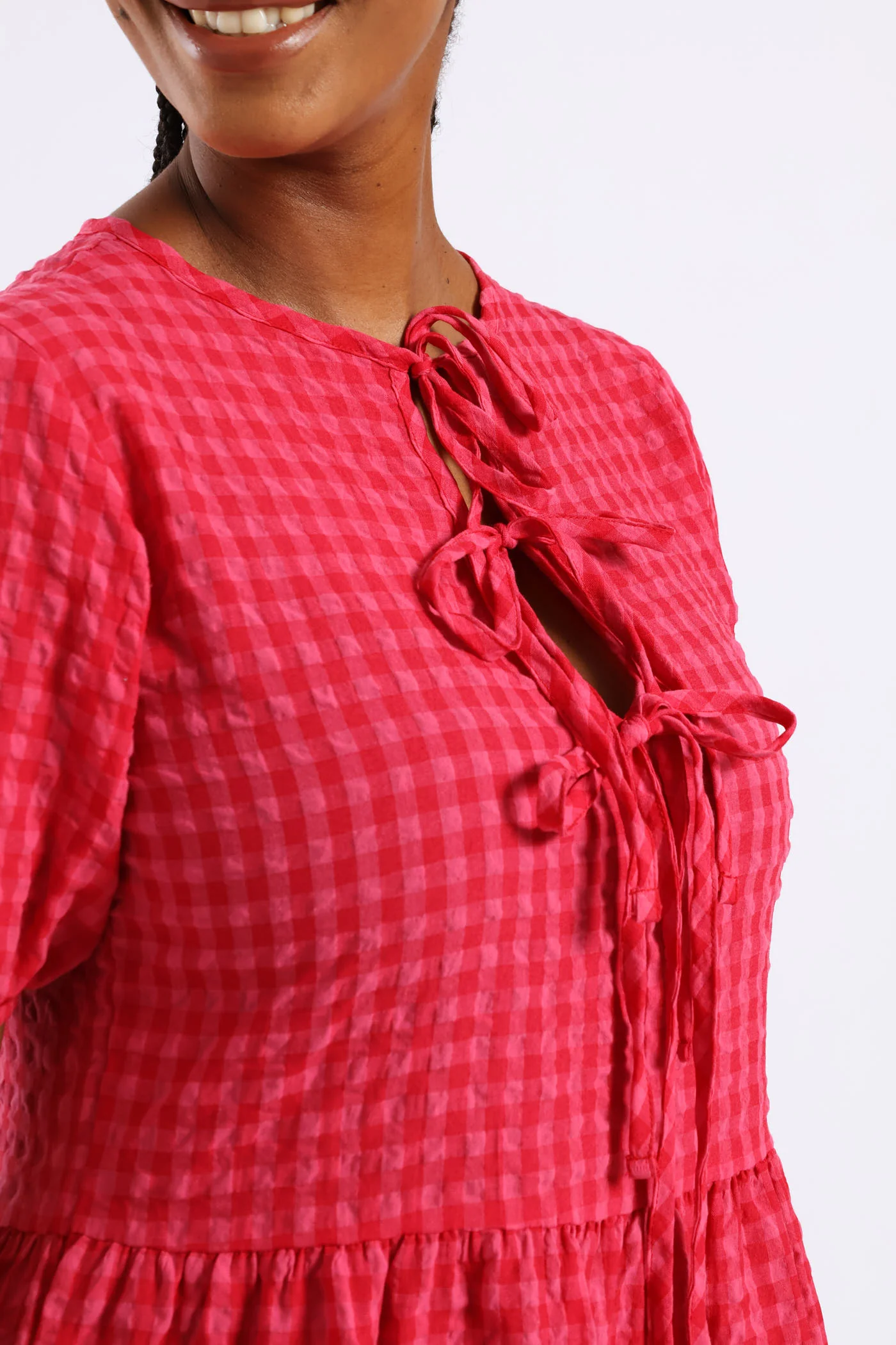 Puff Sleeve Tie Detail Tiered Gingham Midaxi Dress - Bright Pink - Image 3