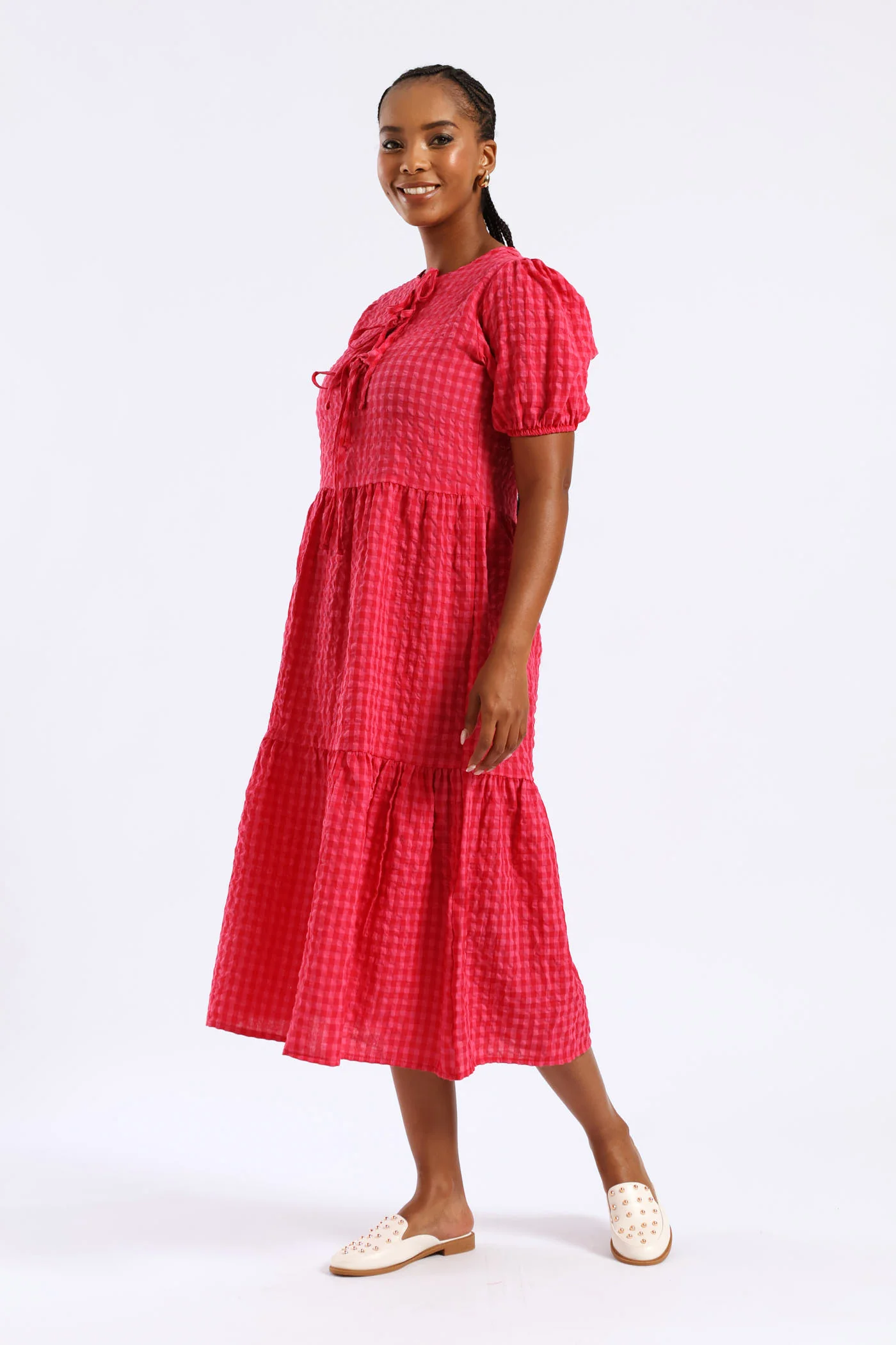 Puff Sleeve Tie Detail Tiered Gingham Midaxi Dress - Bright Pink - Image 4