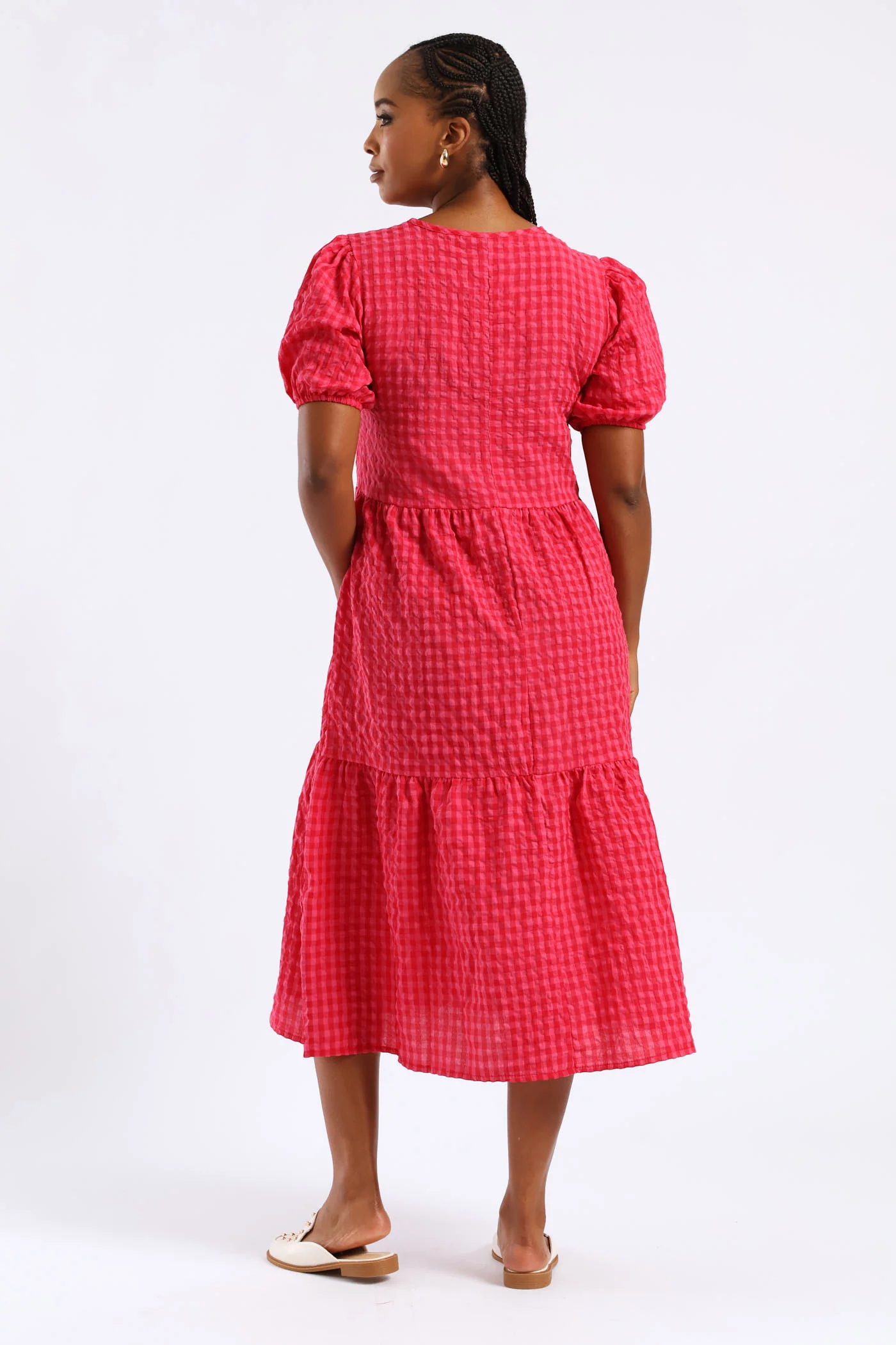Puff Sleeve Tie Detail Tiered Gingham Midaxi Dress - Bright Pink - Image 5