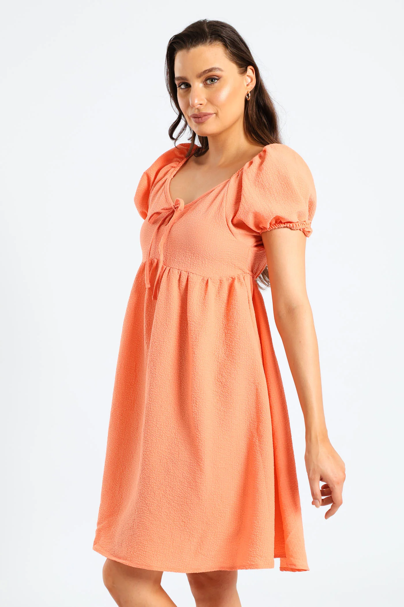 Puff Sleeve Tie-Front Gypsy Mini Dress - Light Coral - Image 2