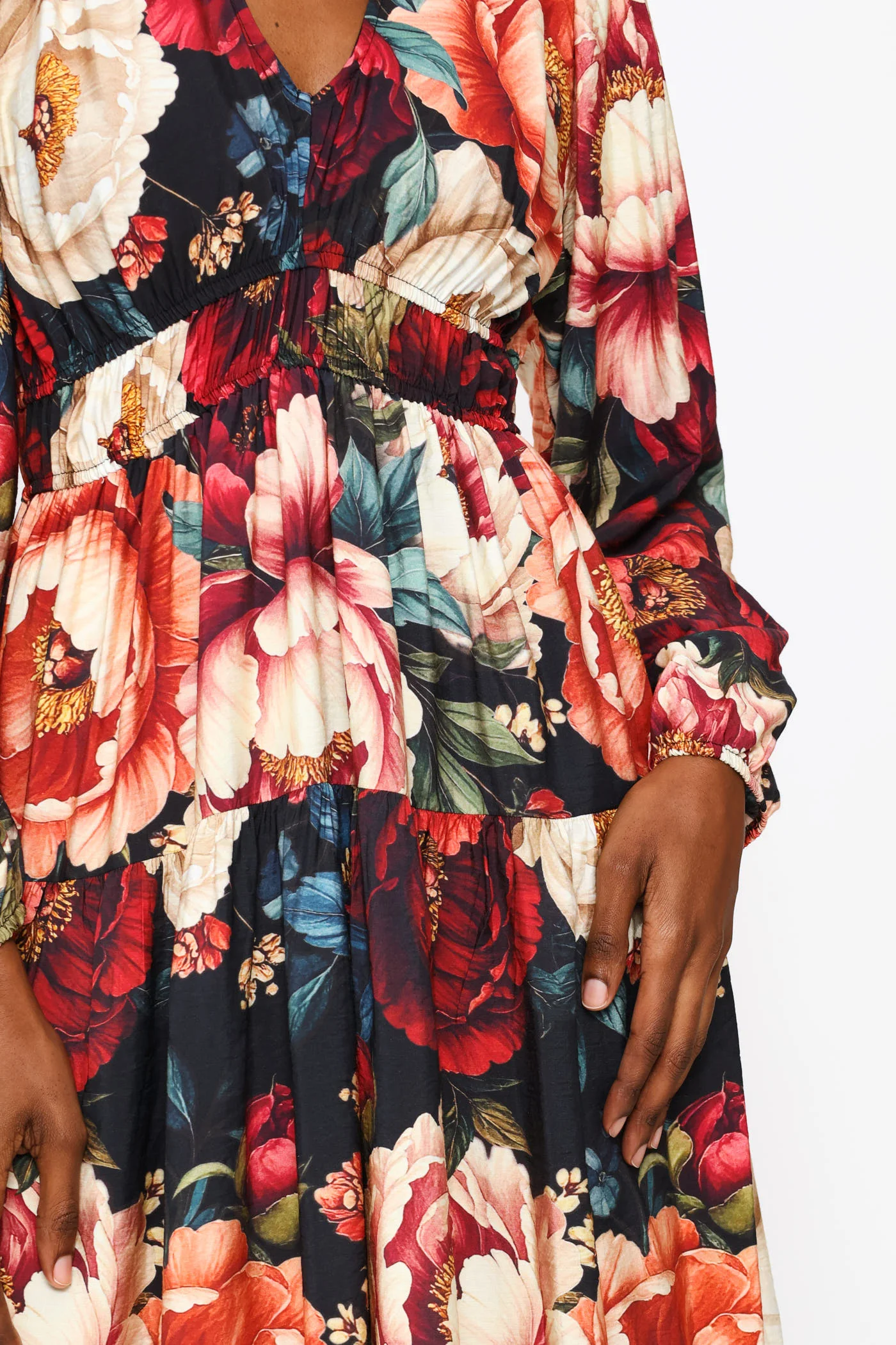 Puff Sleeve V-Neck Tiered Midi Dress - Multi - Image 2