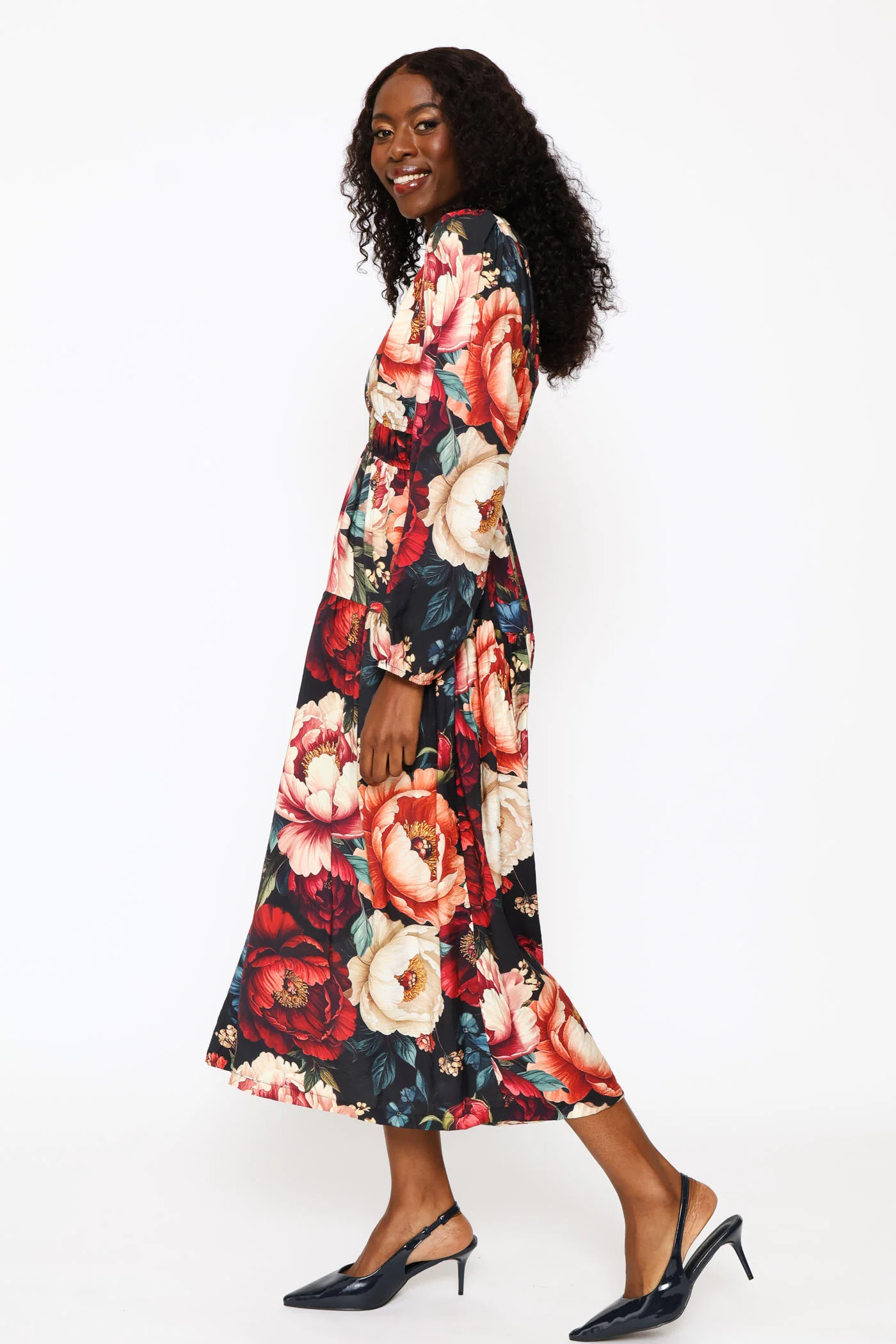 Puff Sleeve V-Neck Tiered Midi Dress - Multi - Image 3