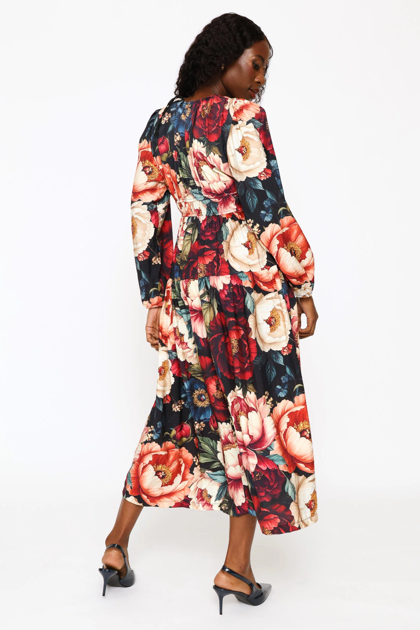 Puff Sleeve V-Neck Tiered Midi Dress - Multi - Image 5