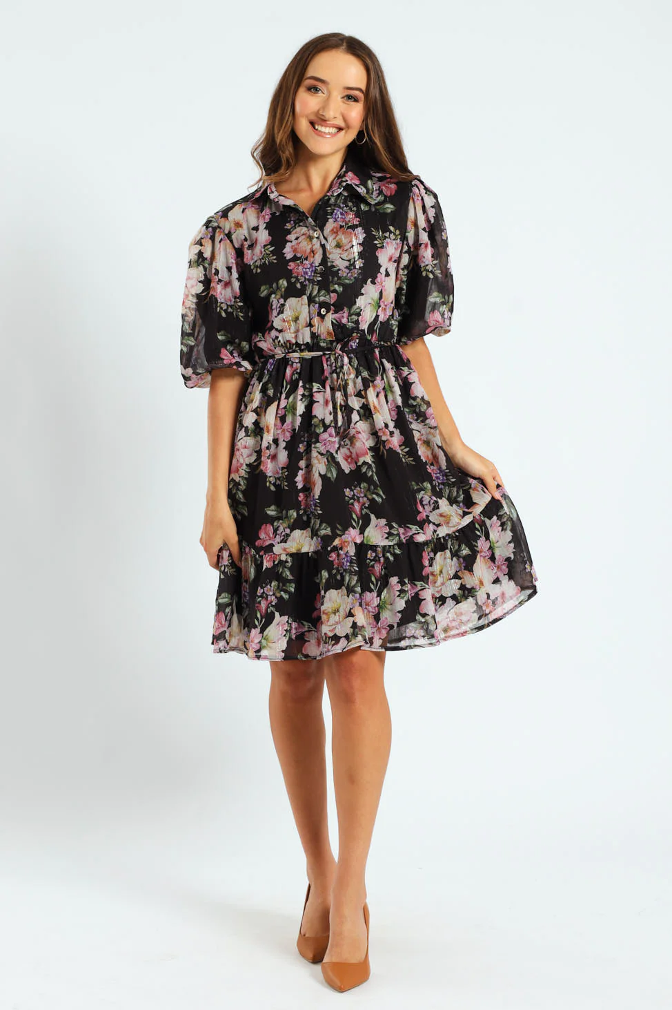 Puff Sleeve Waisted Tea Dress - Image 2
