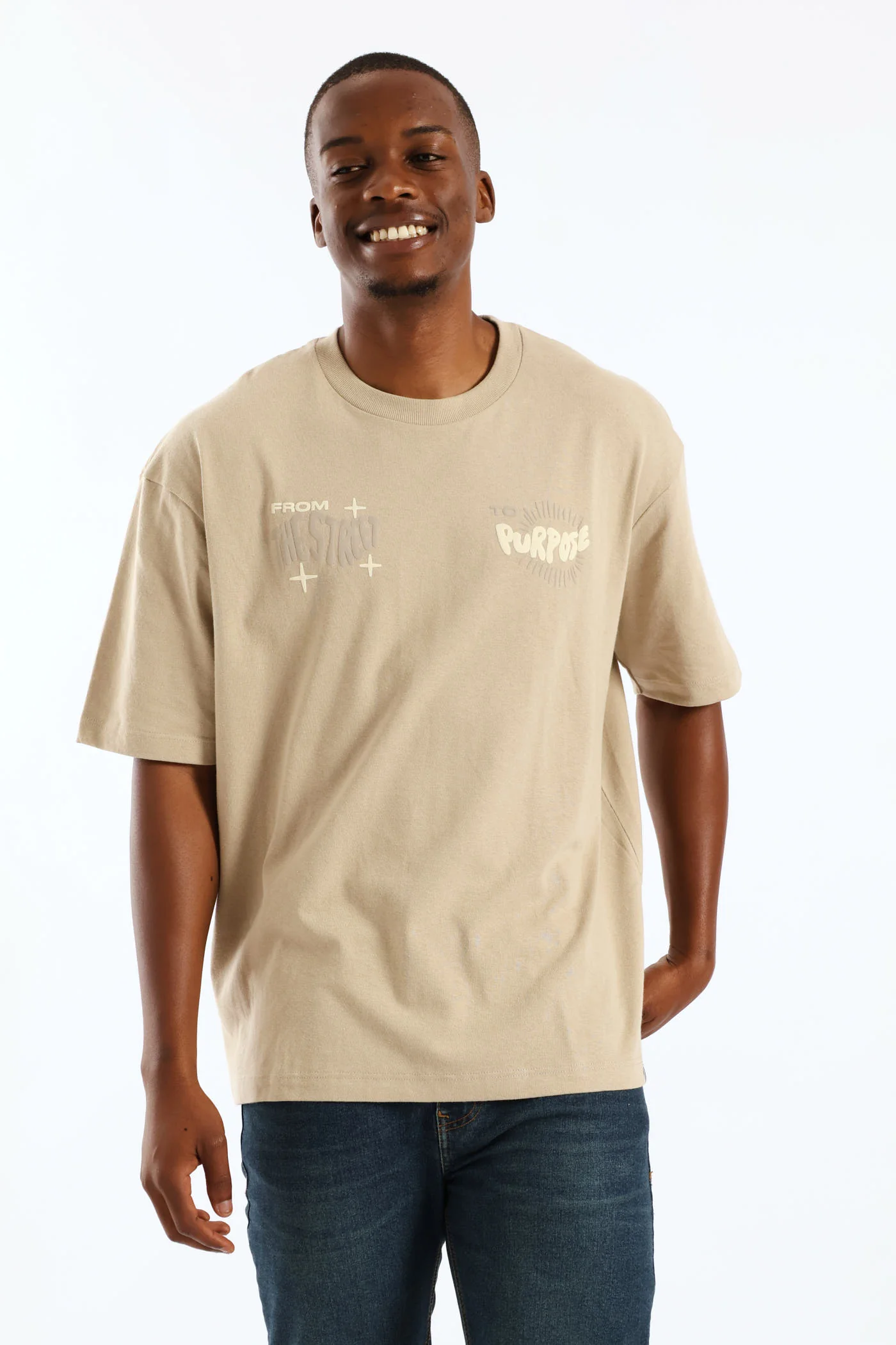 Puff Slogan Oversized Tee - Stone - Image 3