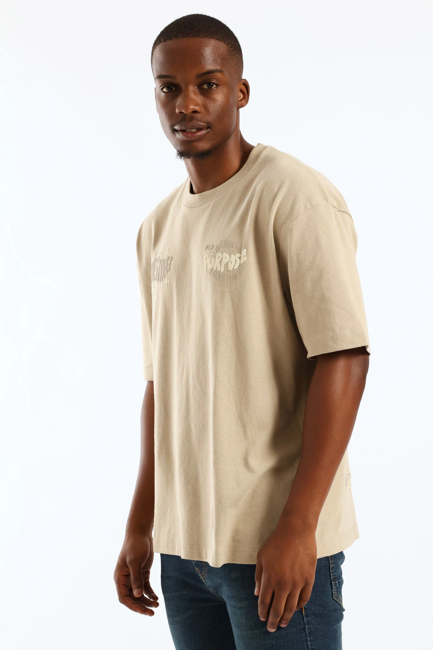 Puff Slogan Oversized Tee - Stone - Image 4