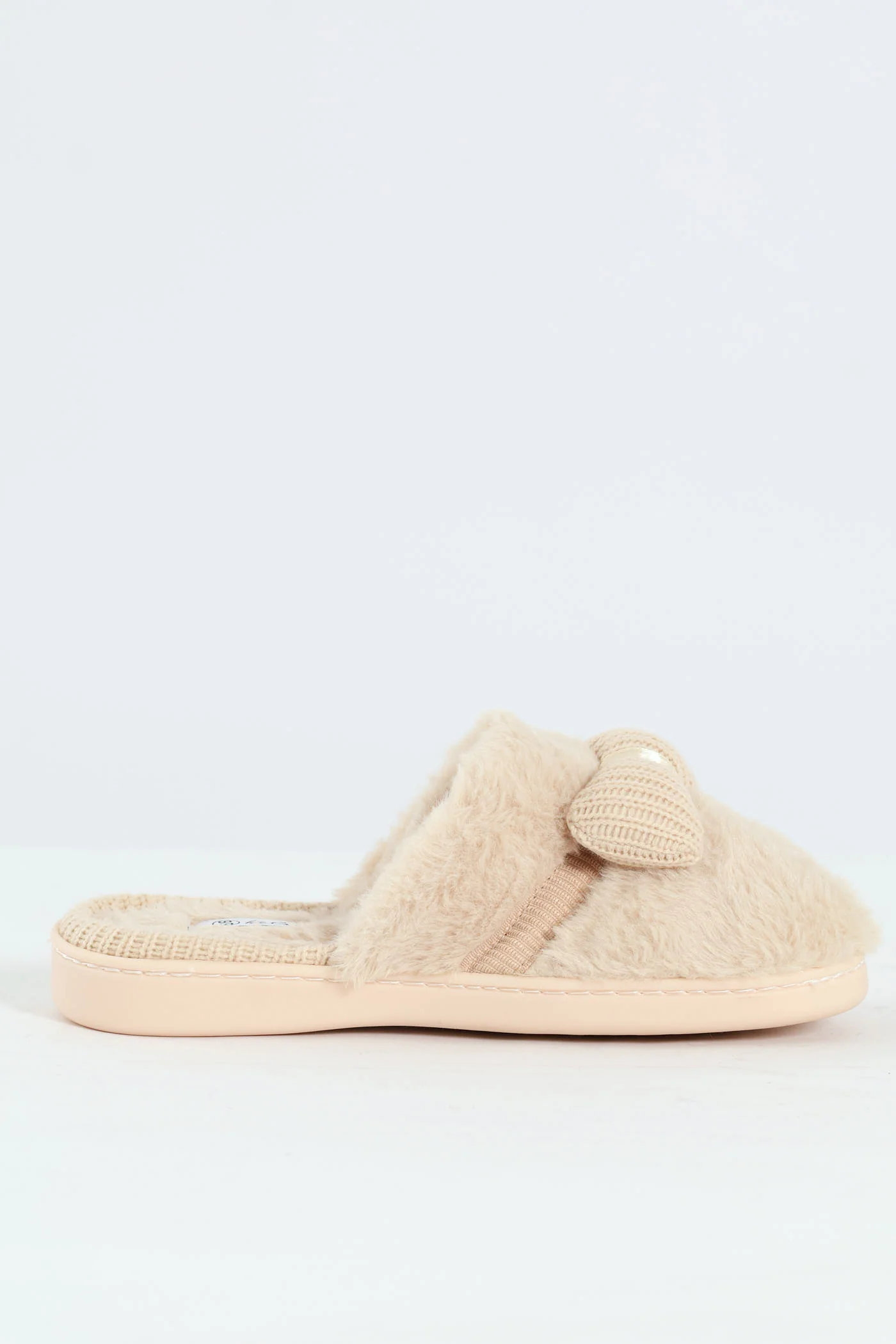Puffed Knitted Bow Detail Closed Toe Slipper - Natural - Image 3
