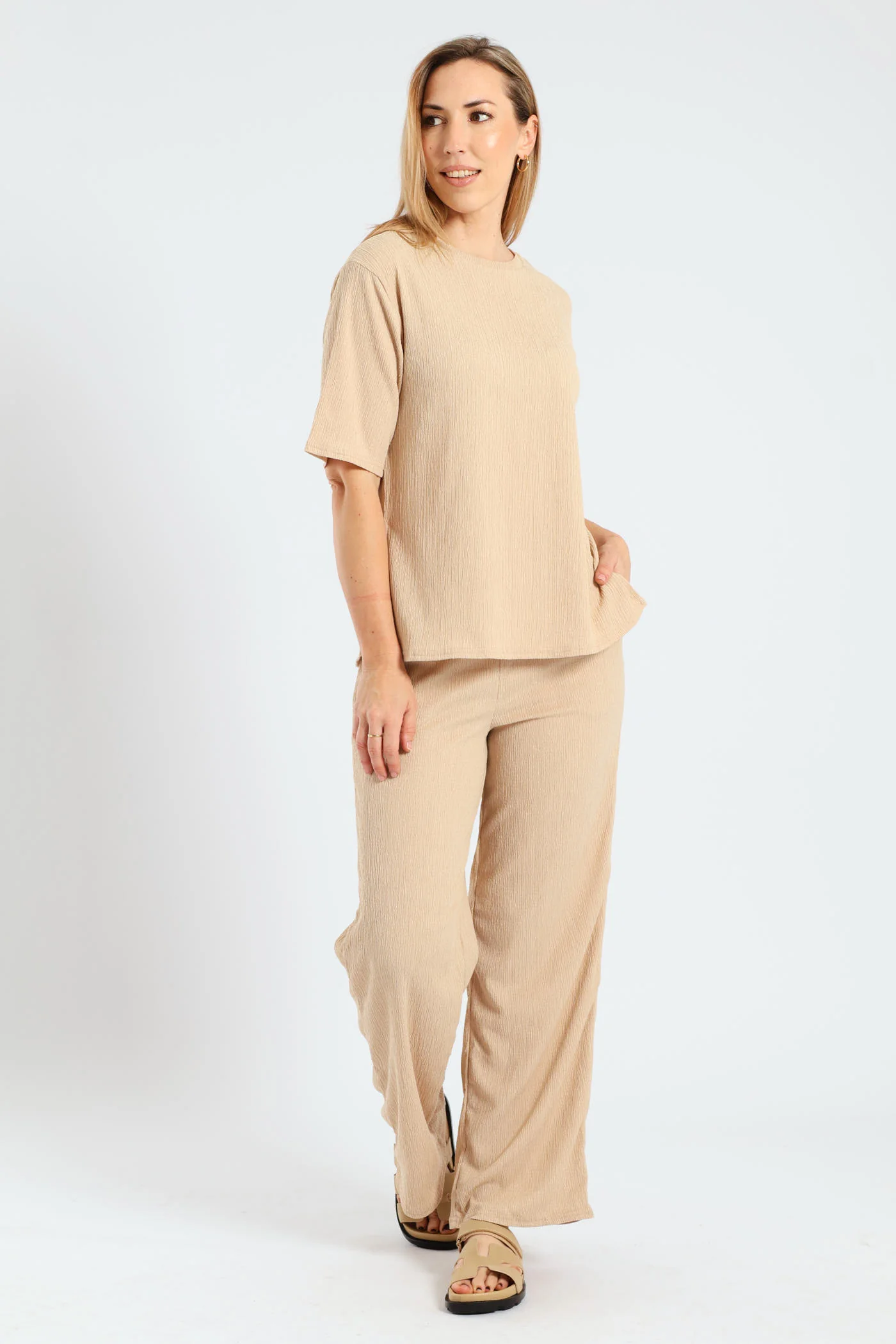 Pull On Crinkle Wideleg Pants - Stone - Image 2
