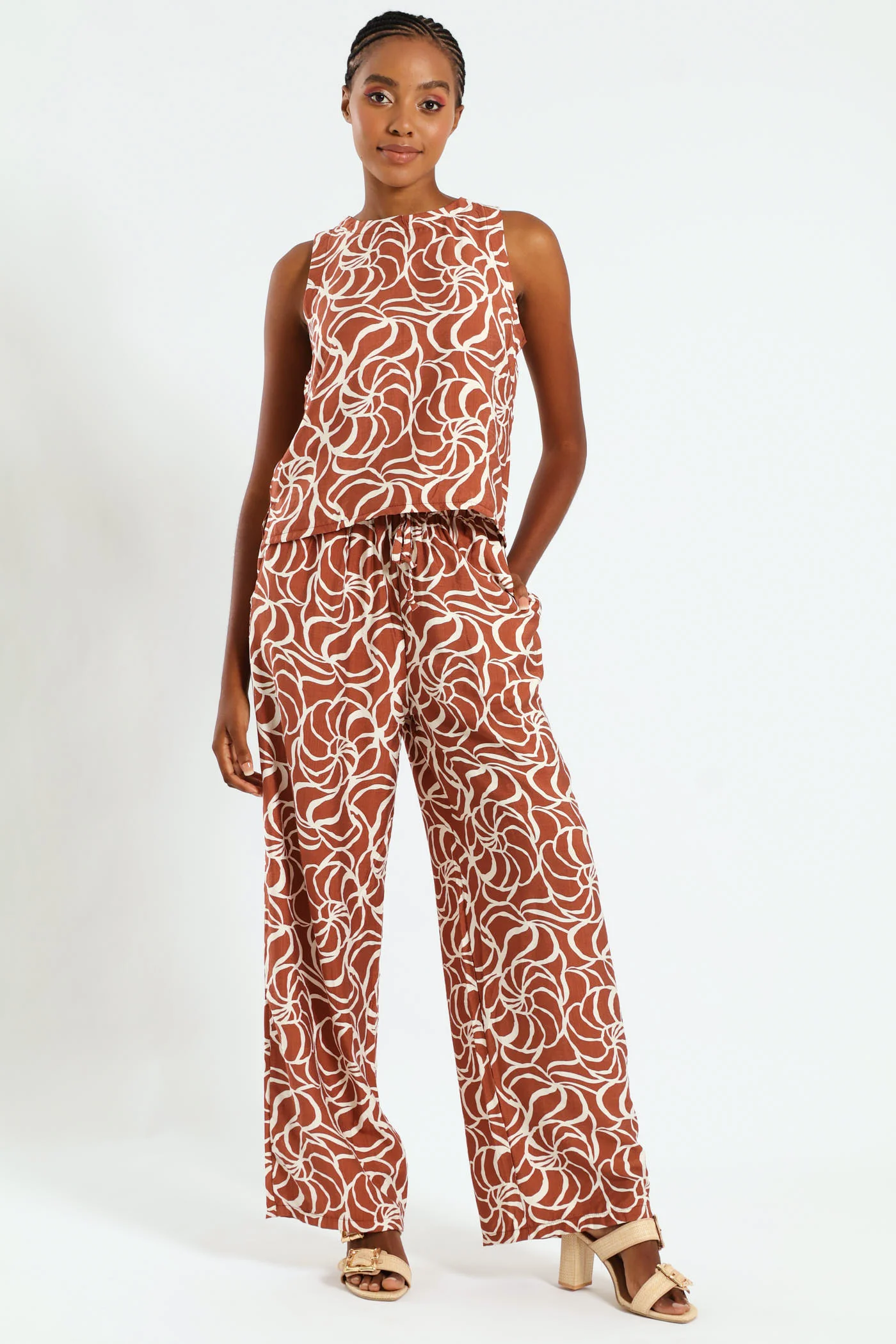 Pull-On Drawstring Wideleg Pant - Rust/Cream - Image 2