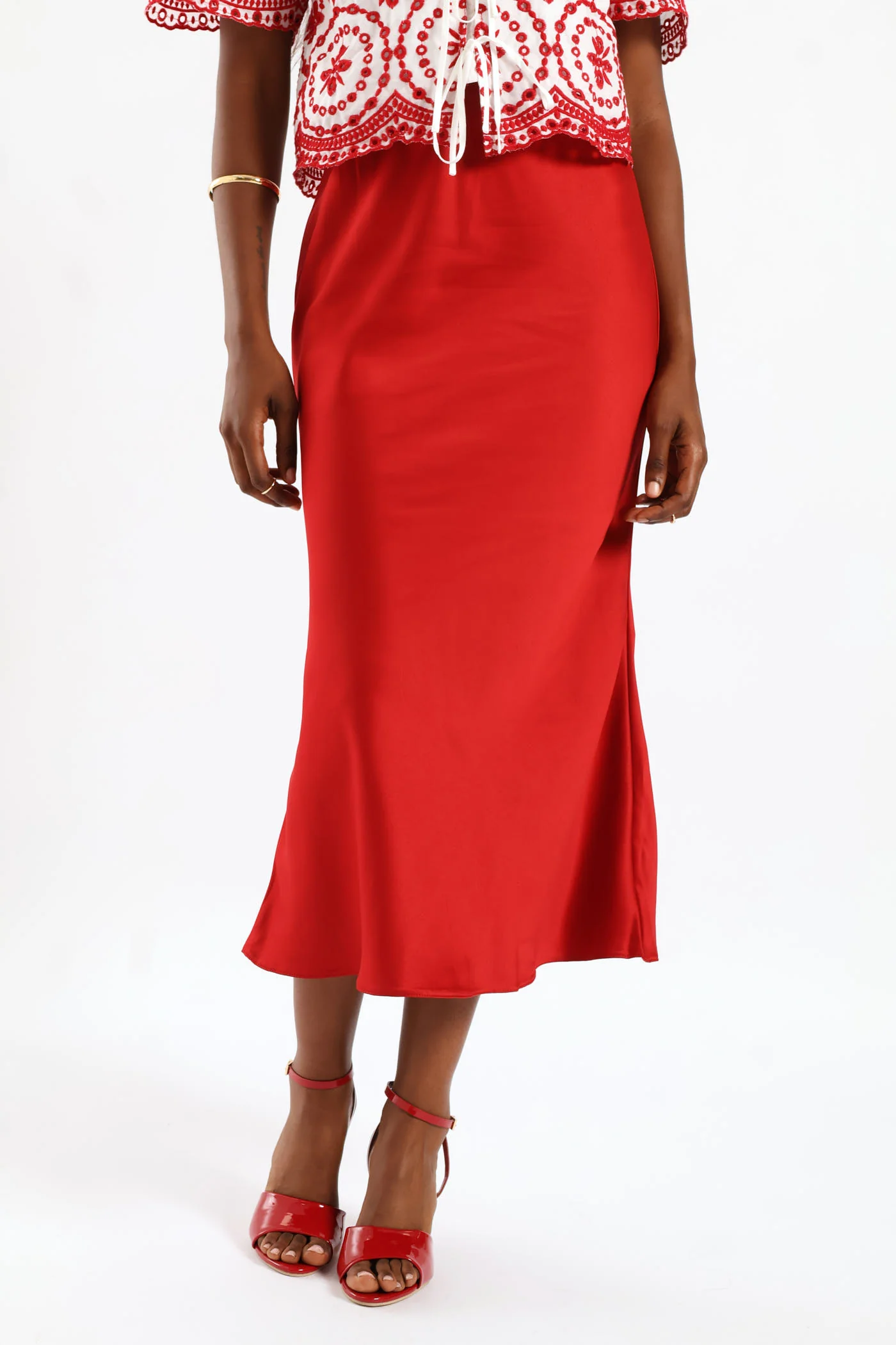 Pull On Elasticated Bias Cut Midi Skirt - Rust - Image 3
