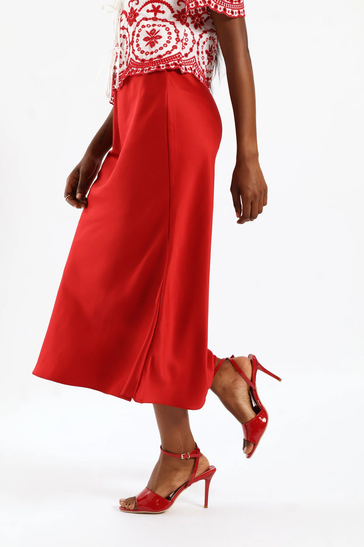 Pull On Elasticated Bias Cut Midi Skirt - Rust - Image 4
