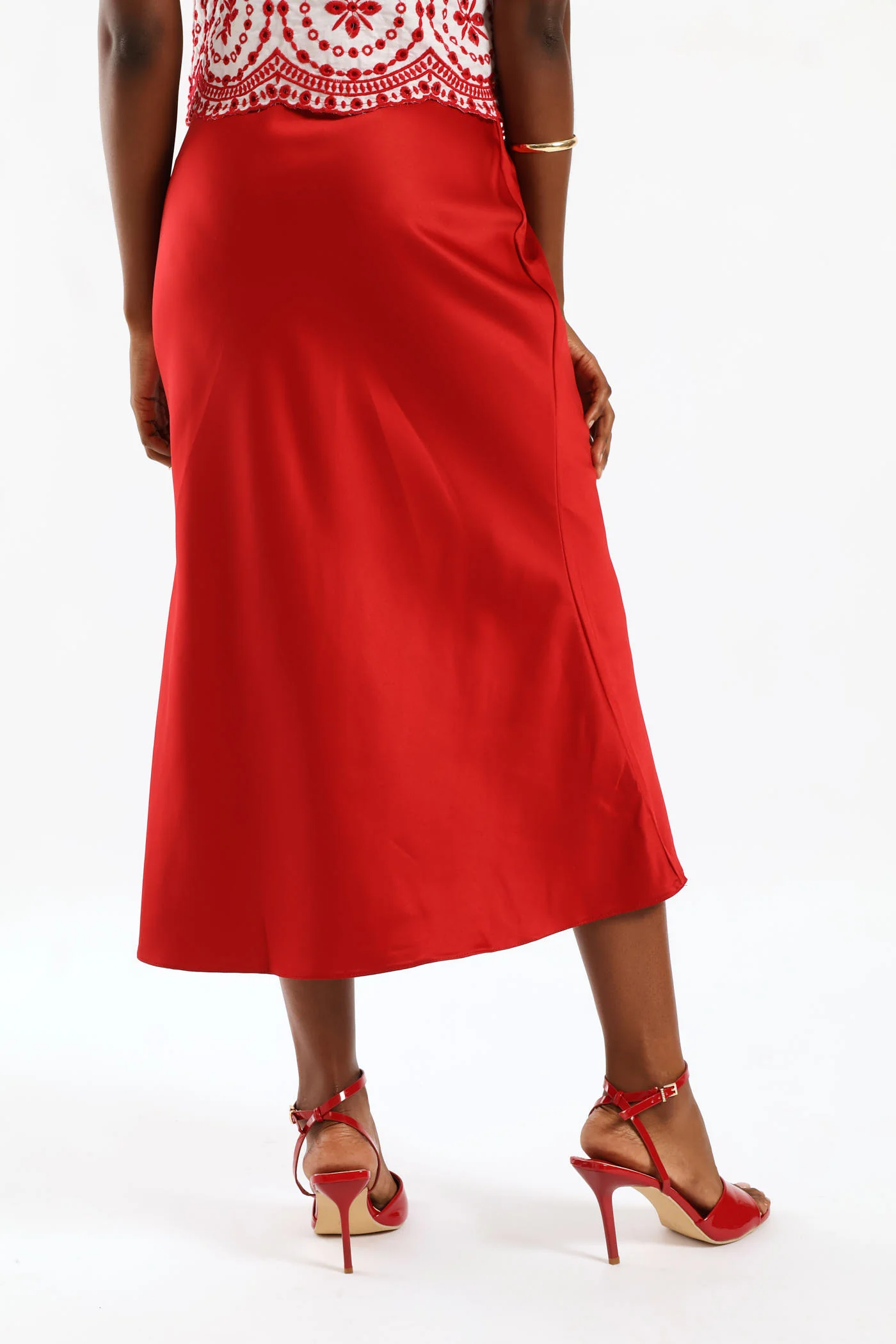 Pull On Elasticated Bias Cut Midi Skirt - Rust - Image 5