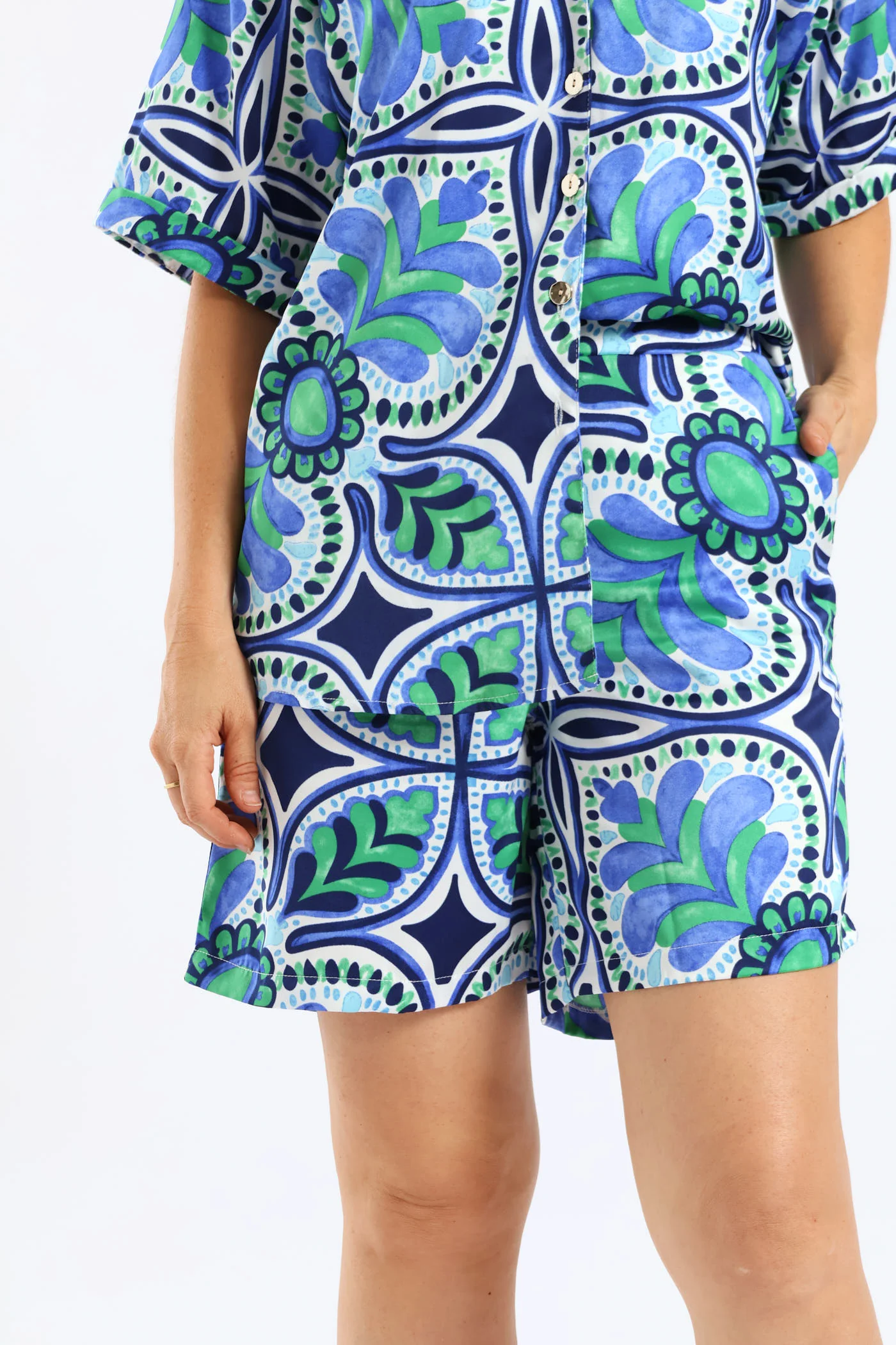 Pull-On Flat Front Satin Shorts - Green/Blue - Image 3