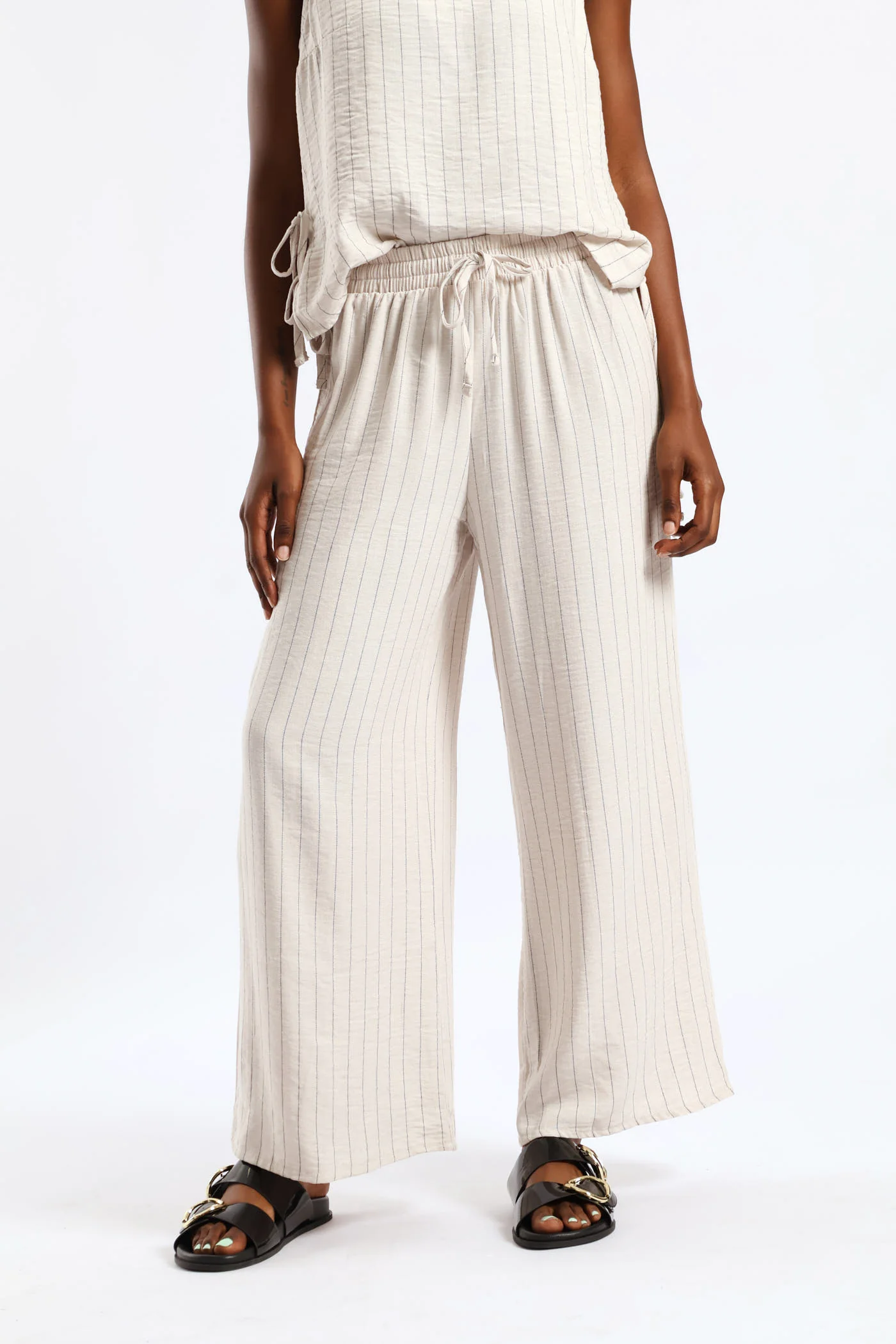 Pull-On Linen Wide Leg Pants - Black/Beige - Image 2