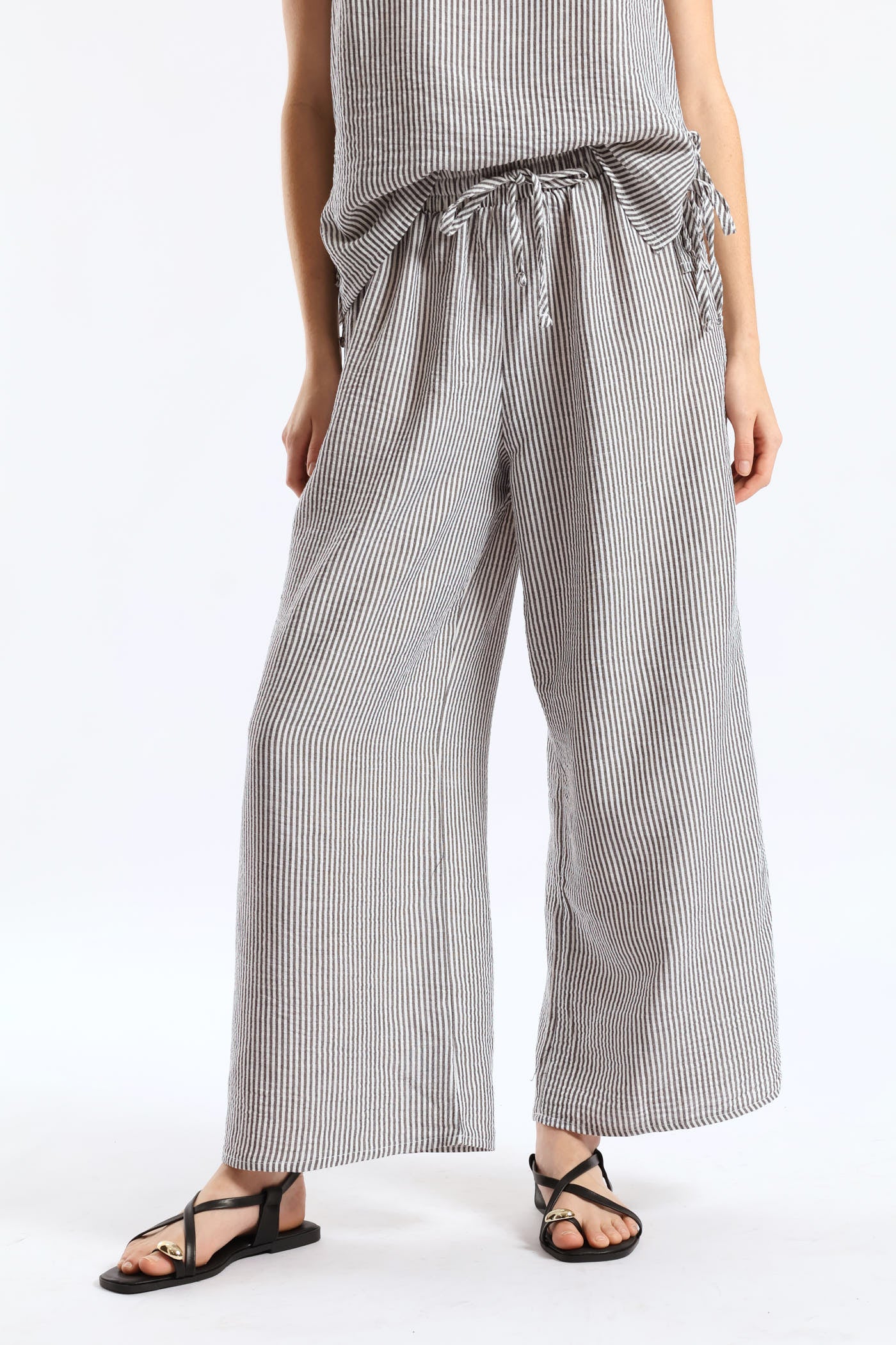 Pull-On Linen Wide Leg Pants - Cream/Black - Image 2