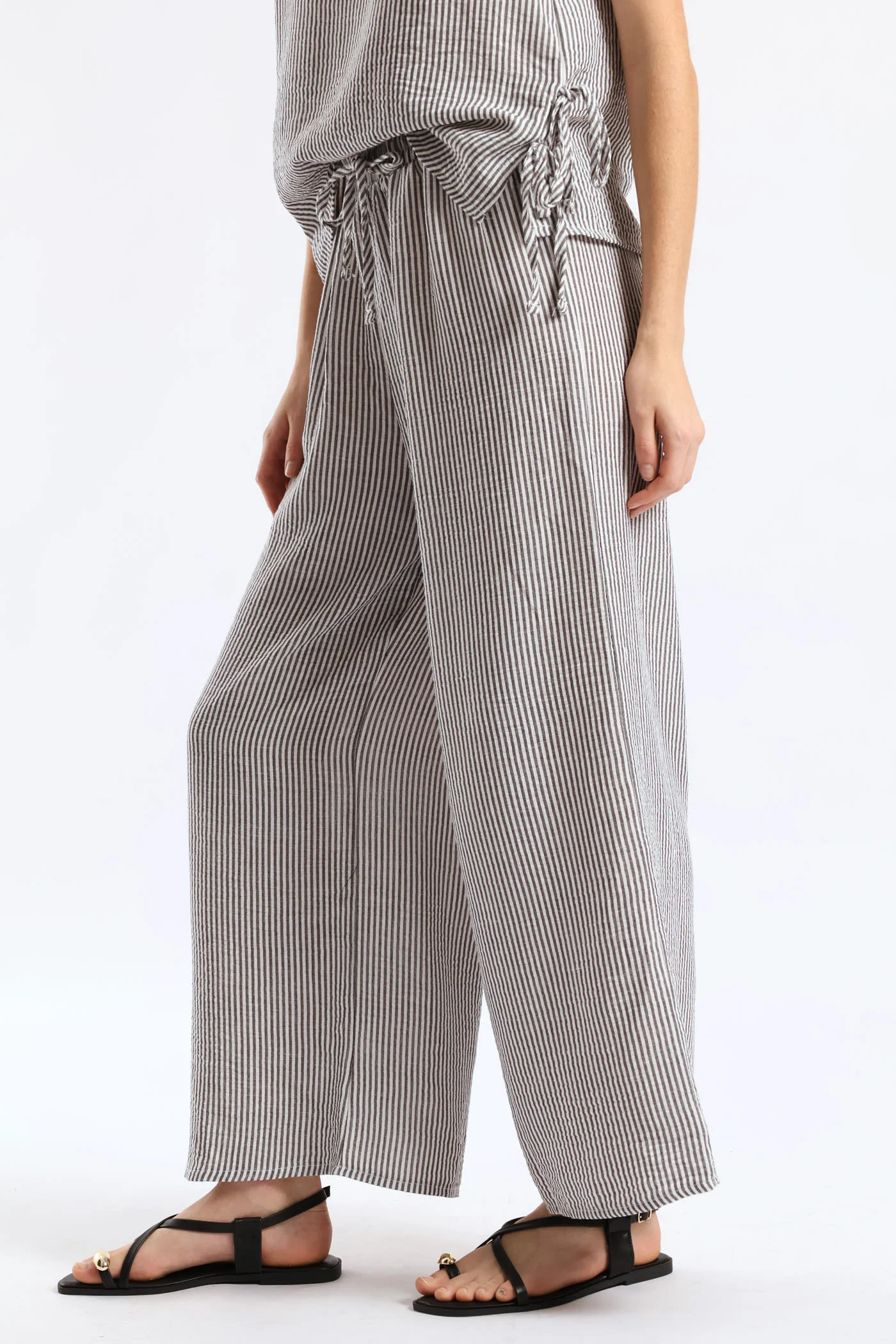 Pull-On Linen Wide Leg Pants - Cream/Black - Image 3