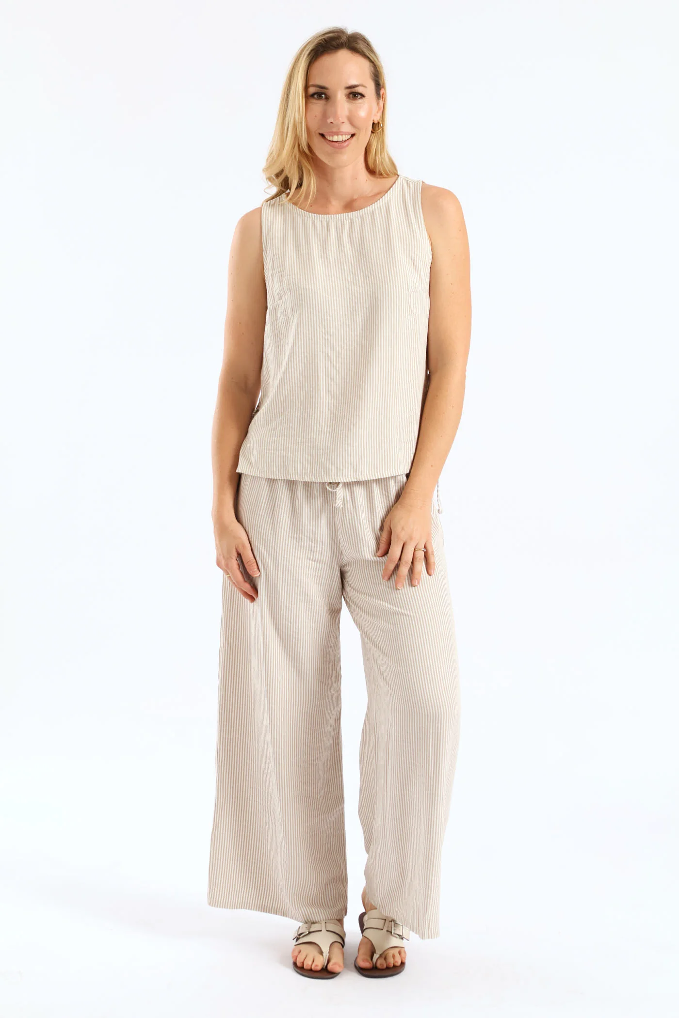 Pull-On Linen Wideleg Pants - White/Beige - Image 2