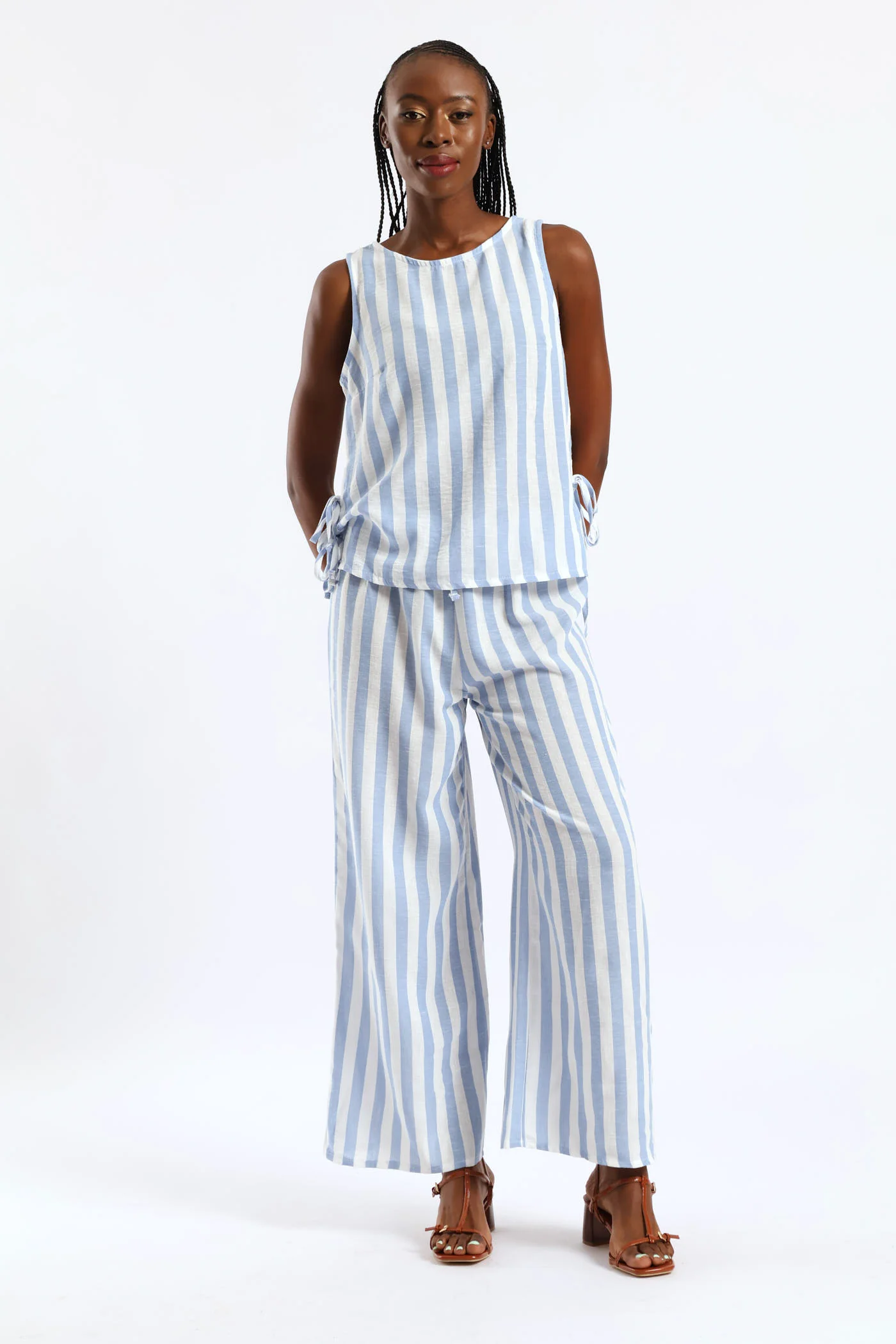 Pull-On Linen Wideleg Pants - White/Light Blue - Image 2