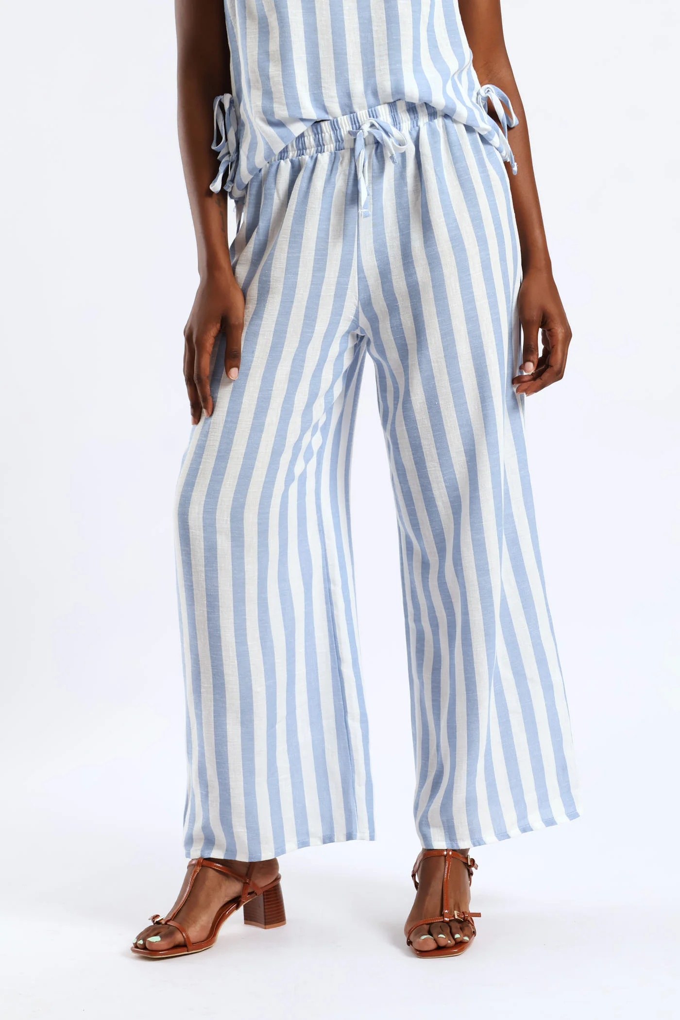 Pull-On Linen Wideleg Pants - White/Light Blue - Image 3