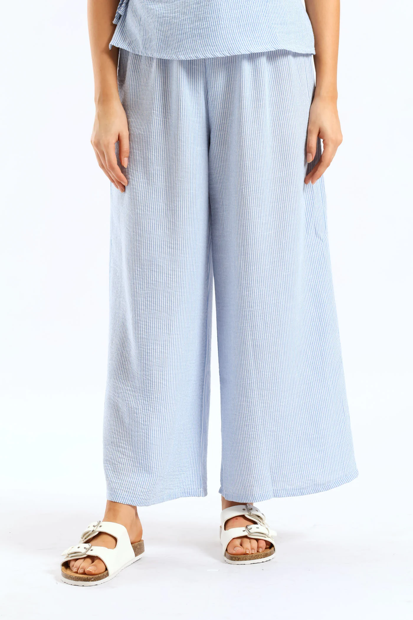 Pull-On Linen Wideleg Pants - White/Light Blue - Image 4