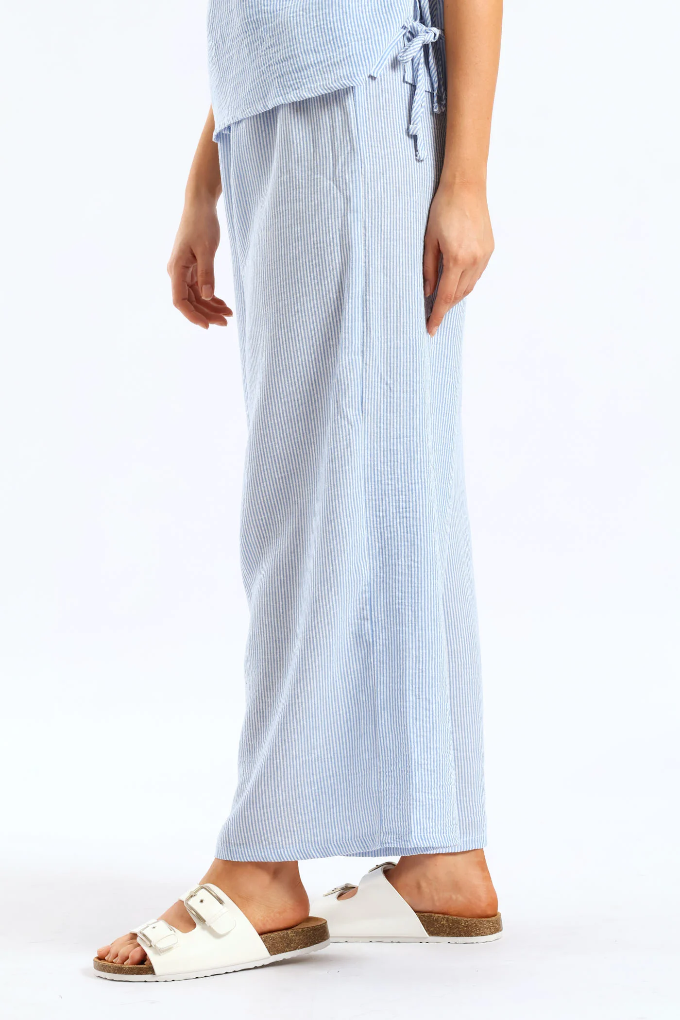 Pull-On Linen Wideleg Pants - White/Light Blue - Image 5