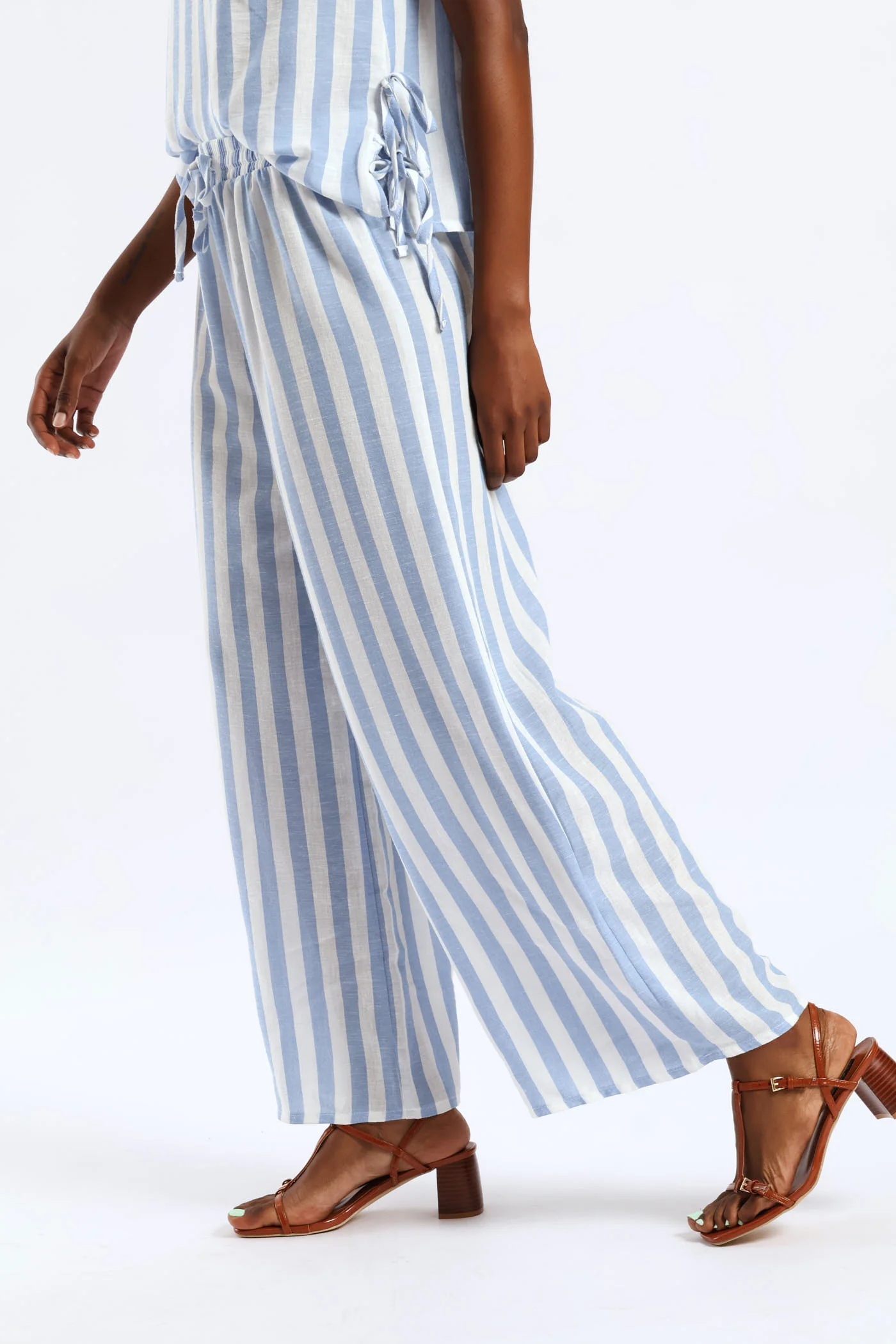 Pull-On Linen Wideleg Pants - White/Light Blue - Image 6