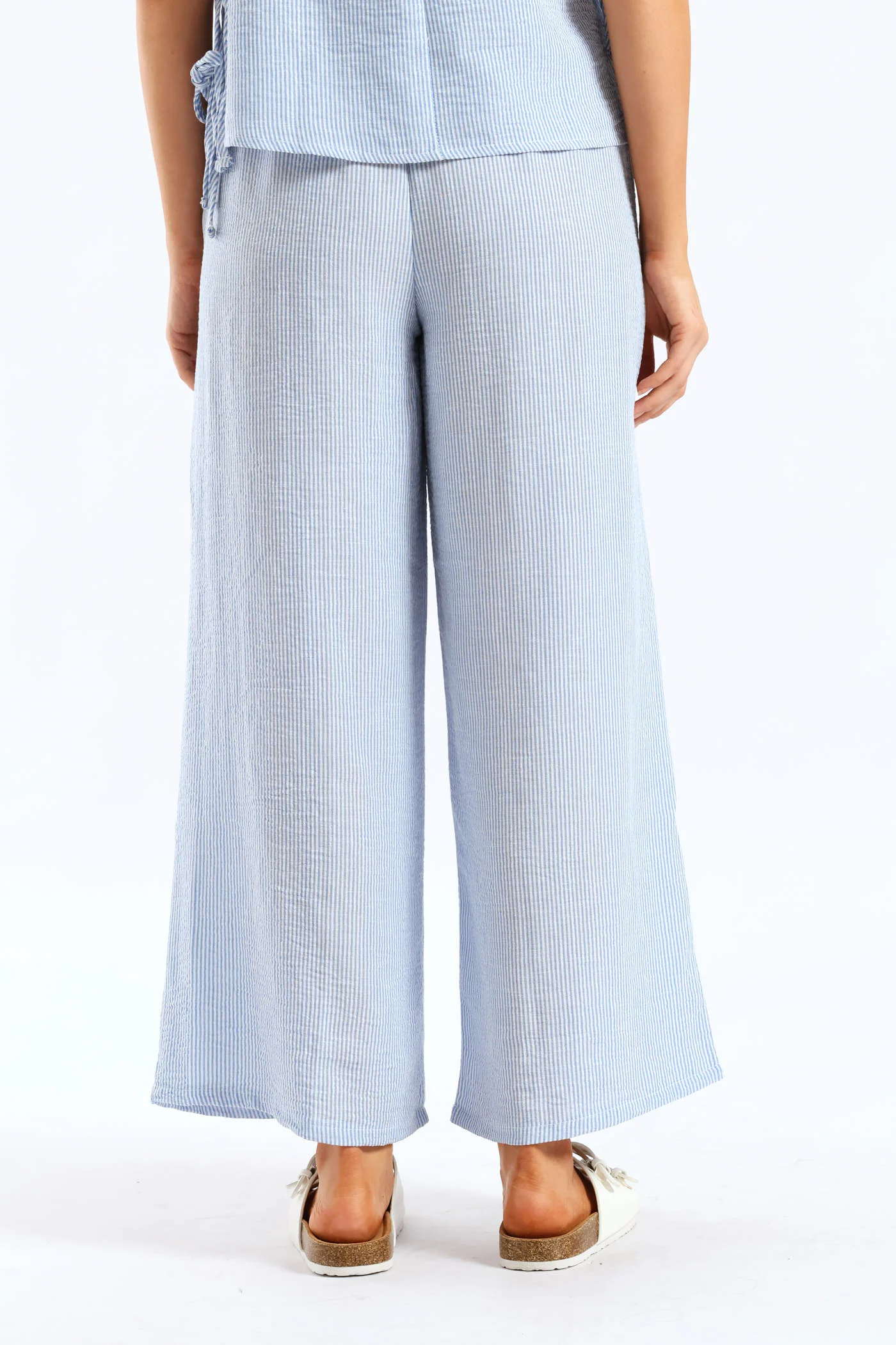 Pull-On Linen Wideleg Pants - White/Light Blue - Image 7